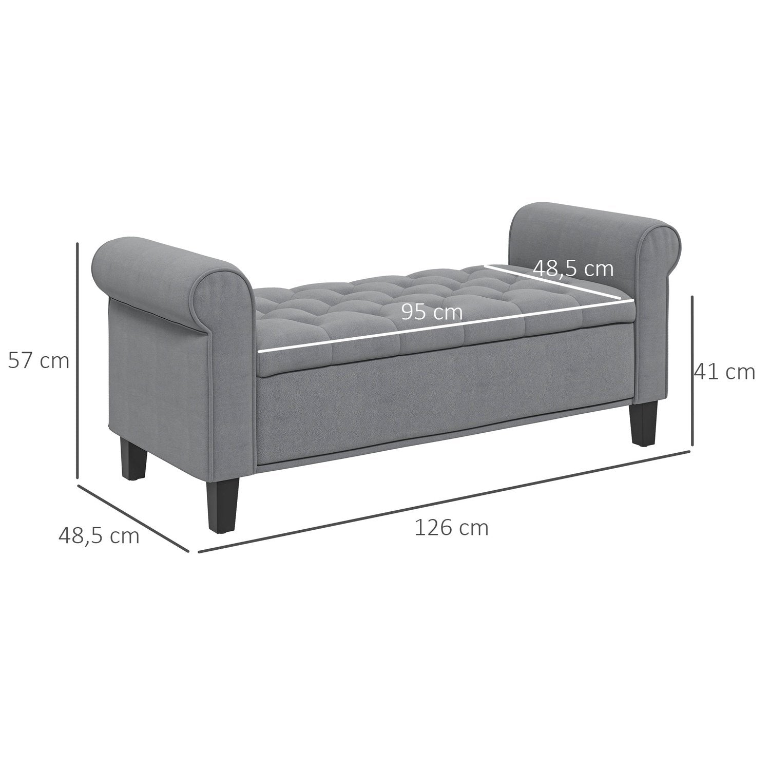 Benk med oppbevaring, polstret benk, sengebenk, i fløyelslook, gang for soverom, lastekapasitet opptil 120 kg, grå, 126 x 48,5 x 57 cm