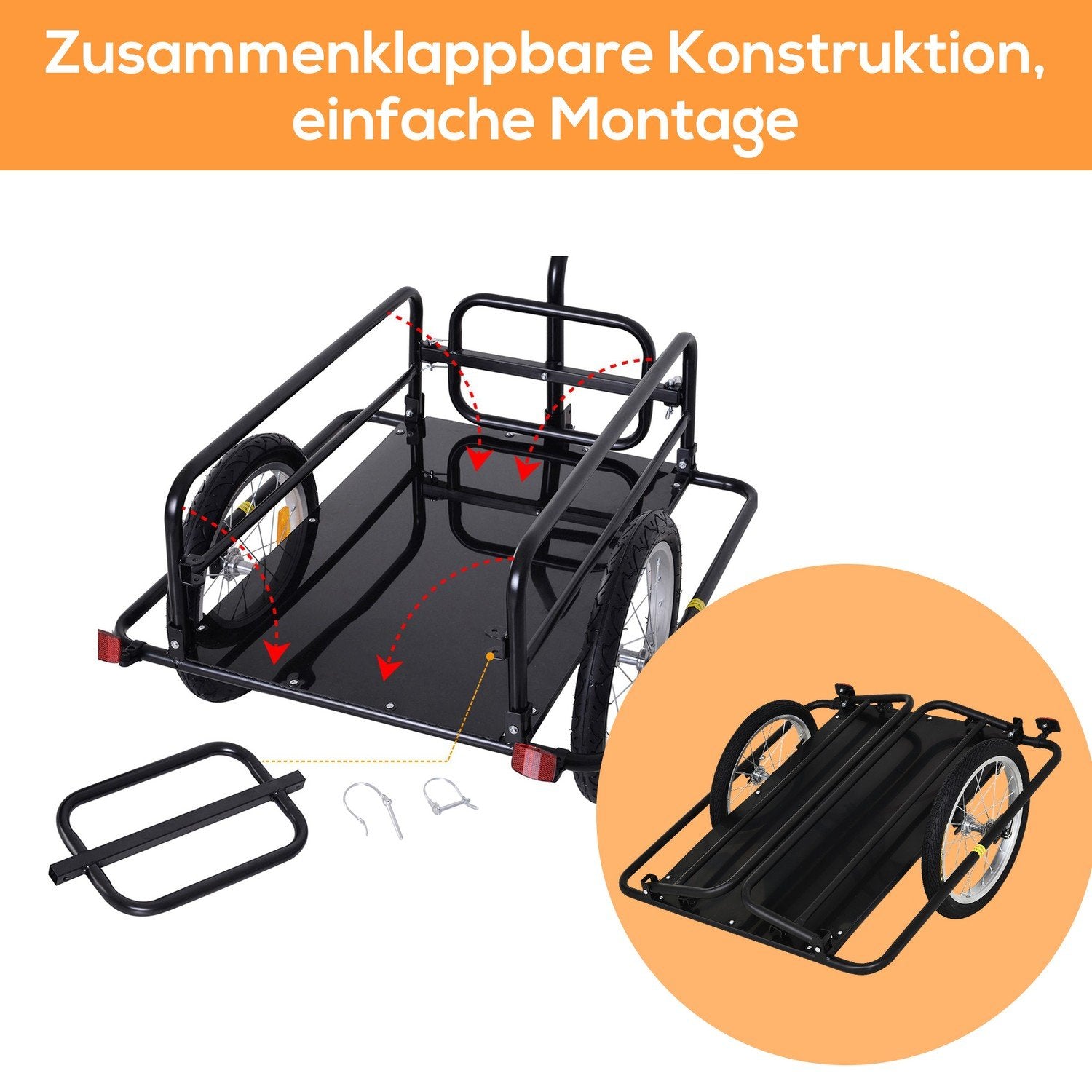 Sykkelvogn Lastevogn 40 Kg Lastekapasitet, Transportvogn Med sammenleggbar kobling, Svart, 155X71,5X77Cm