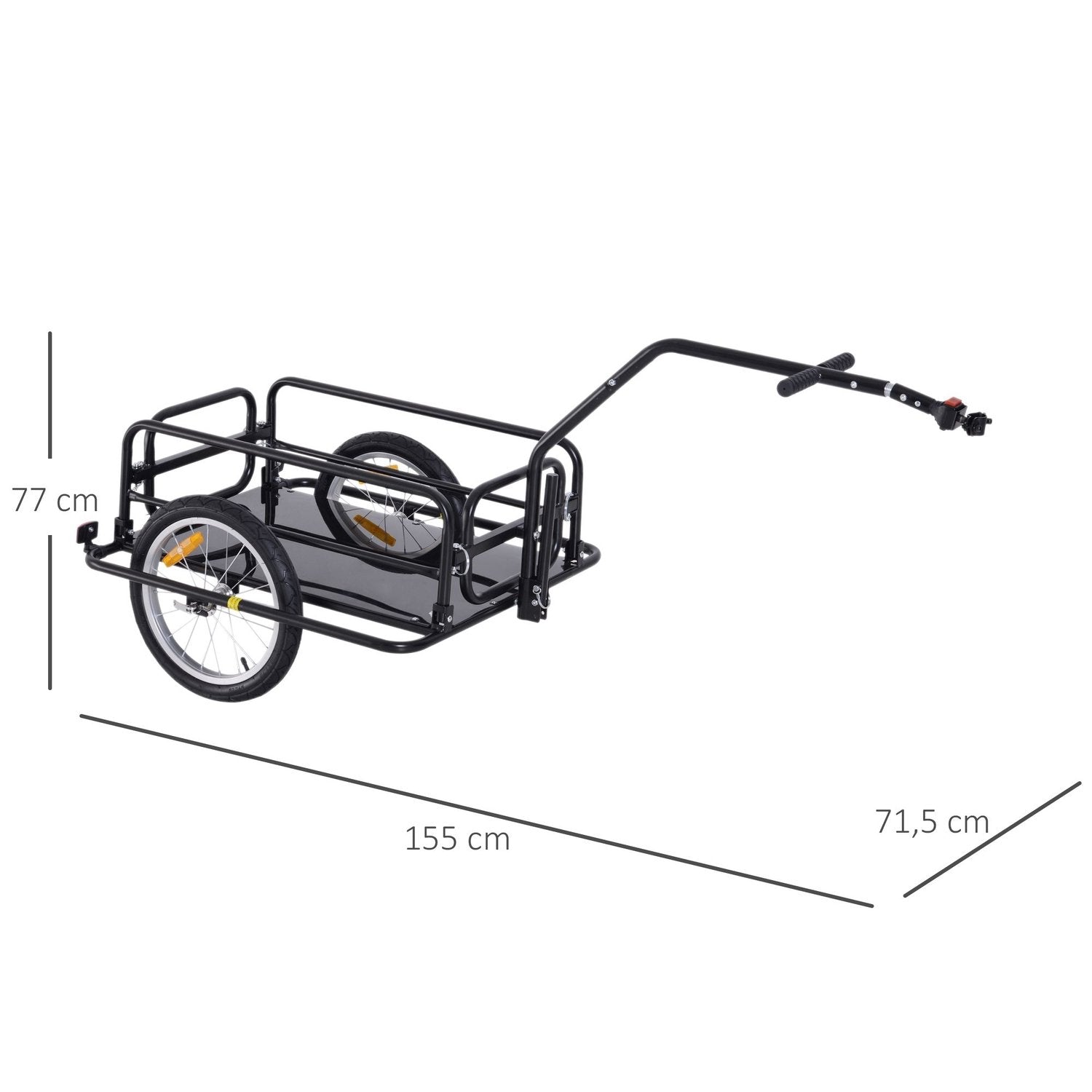 Sykkelvogn Lastevogn 40 Kg Lastekapasitet, Transportvogn Med sammenleggbar kobling, Svart, 155X71,5X77Cm