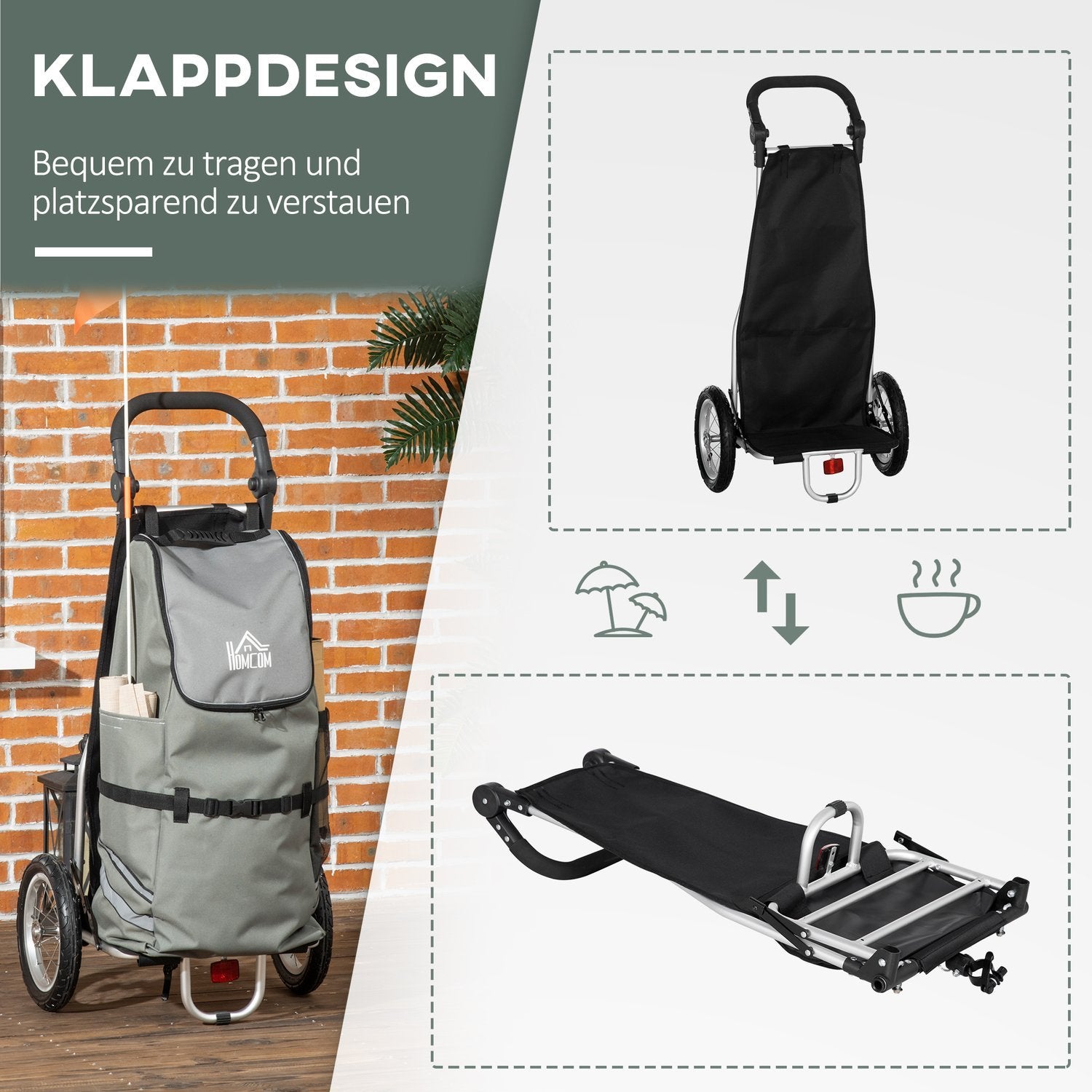 Lastvagn & Shoppingvagn 2 I 1 För Cykelvagnar, Med Kopplingsklämmor, 24,3Kg, 55L, Aluminium+Oxford, Grå+Silver, 53X43X110Cm