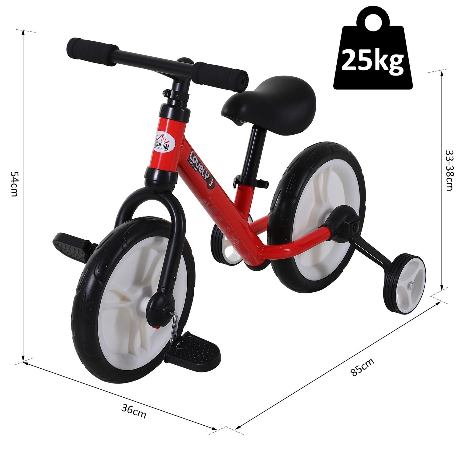 Barnesykkel balansesykkel med treningshjul og pedaler, 2-5 år, setehøydejusterbar, pp, rød