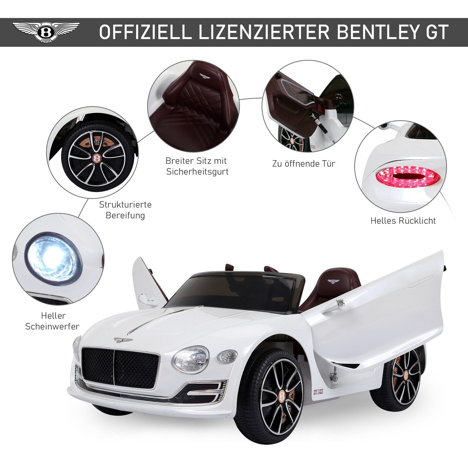 Barnebil Barnekjøretøy Elbil Bentley Gt Lisensiert Med fjernkontroll 2 X 390 motorer Hvit 108 X 60 X 43 Cm