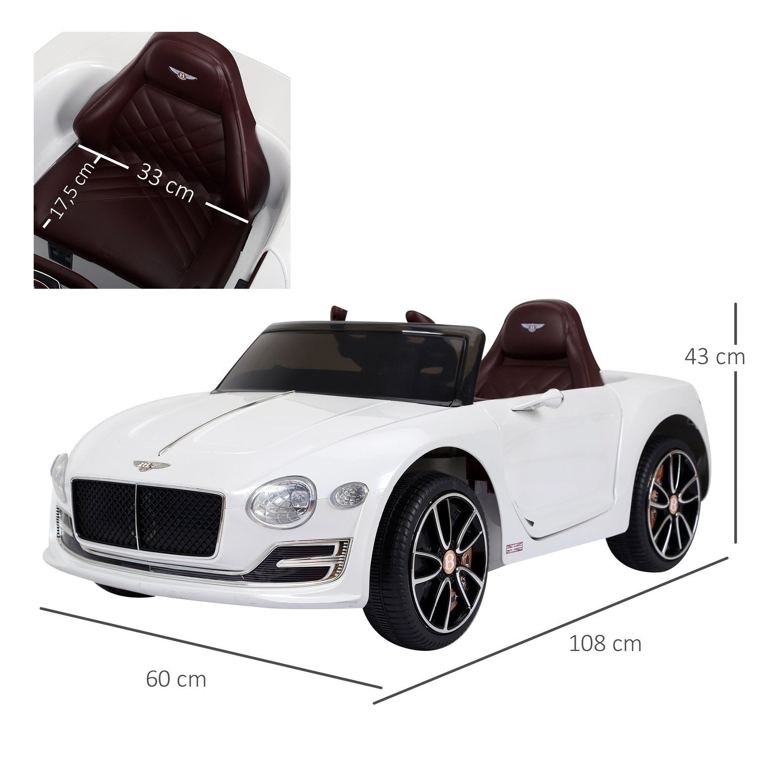 Barnebil Barnekjøretøy Elbil Bentley Gt Lisensiert Med fjernkontroll 2 X 390 motorer Hvit 108 X 60 X 43 Cm