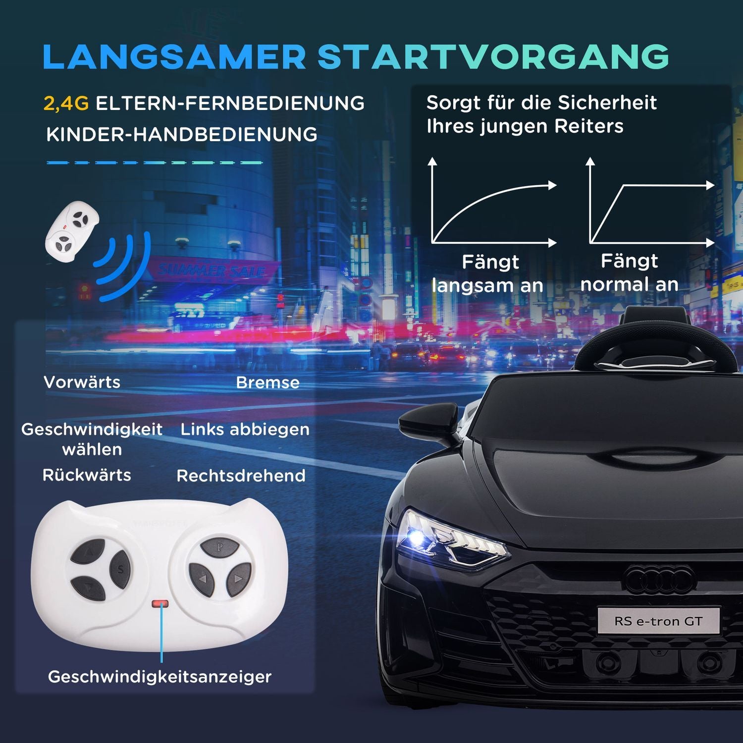 Barnebil, barnebil med fjernkontroll, barnebil med bilbelte, horn &amp; musikk &amp; frontlykter, opptil 5 km/t, i 3-5 år