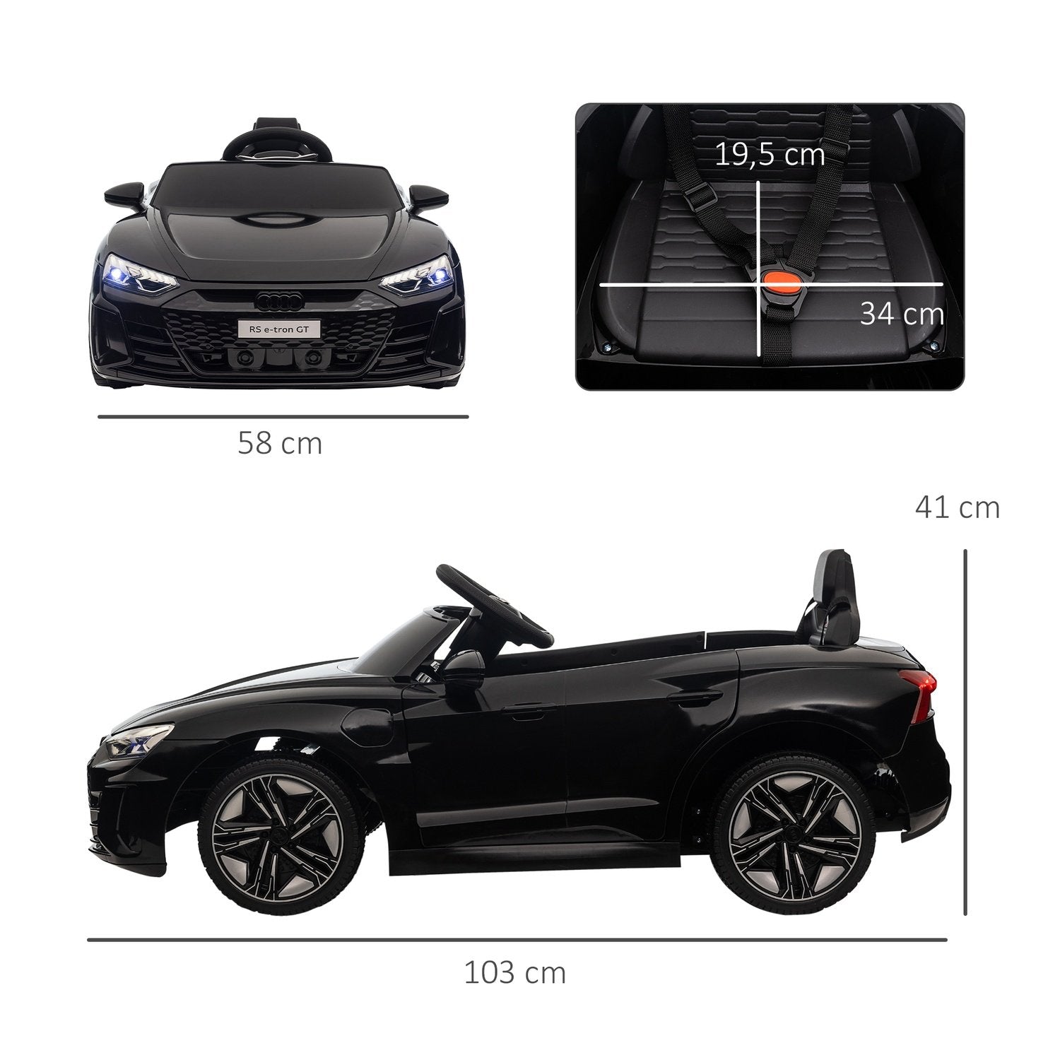 Barnebil, barnebil med fjernkontroll, barnebil med bilbelte, horn &amp; musikk &amp; frontlykter, opptil 5 km/t, i 3-5 år