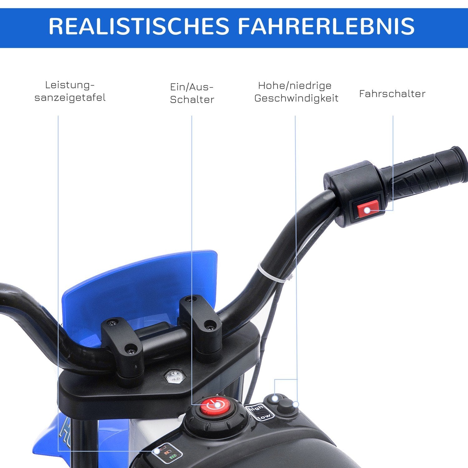 Elmotorcykel För Barn 12V, Med 2 Avtagbara Stödhjul, Från 3 År, Pp Metall, Blå + Vit