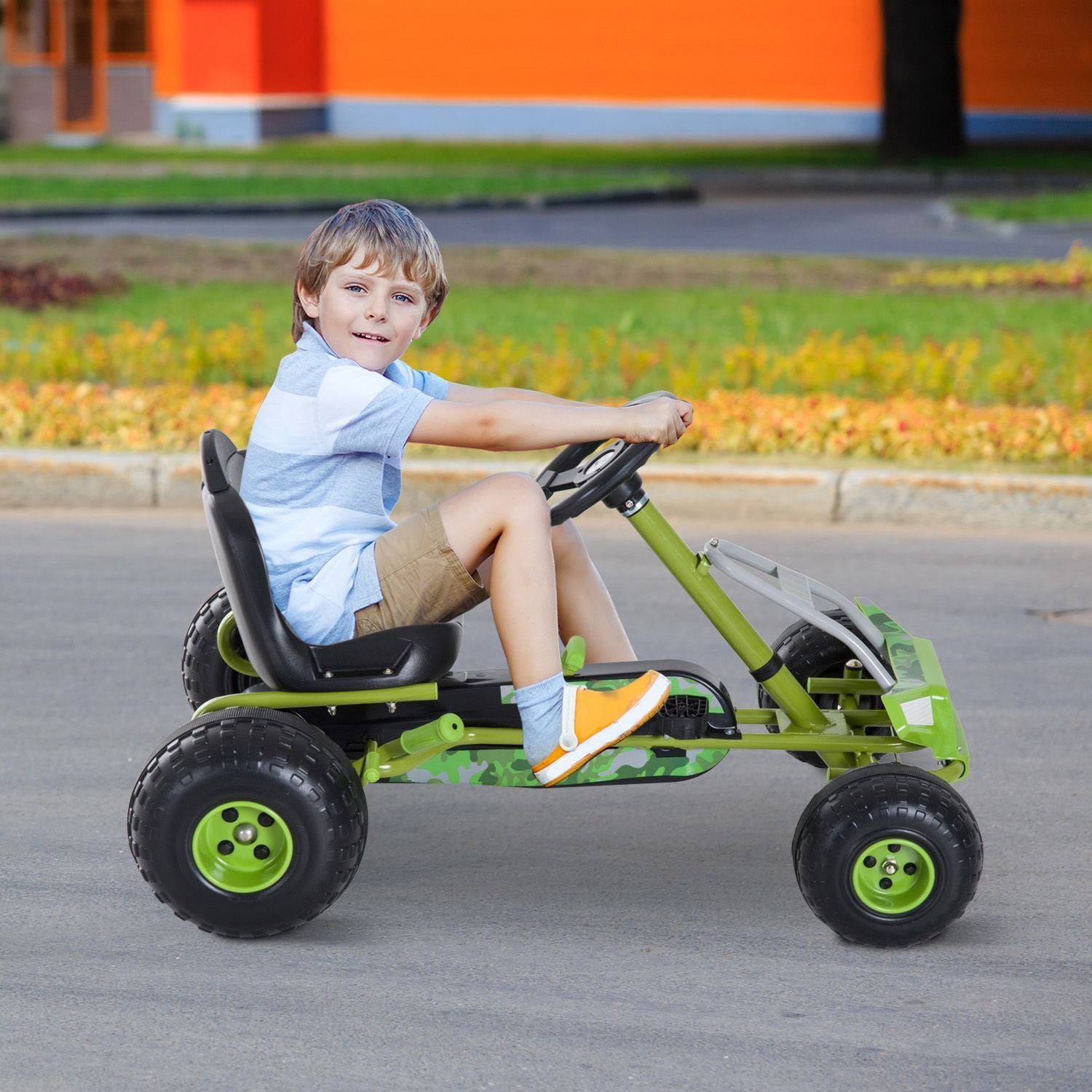 Barne-Go-Kart Pedalbil Barnekjøretøy Med Justerbart Sete Pedal Kjøretøy Med Håndbrems Fra 3 År Grønn 95 X 66,5 X 57Cm