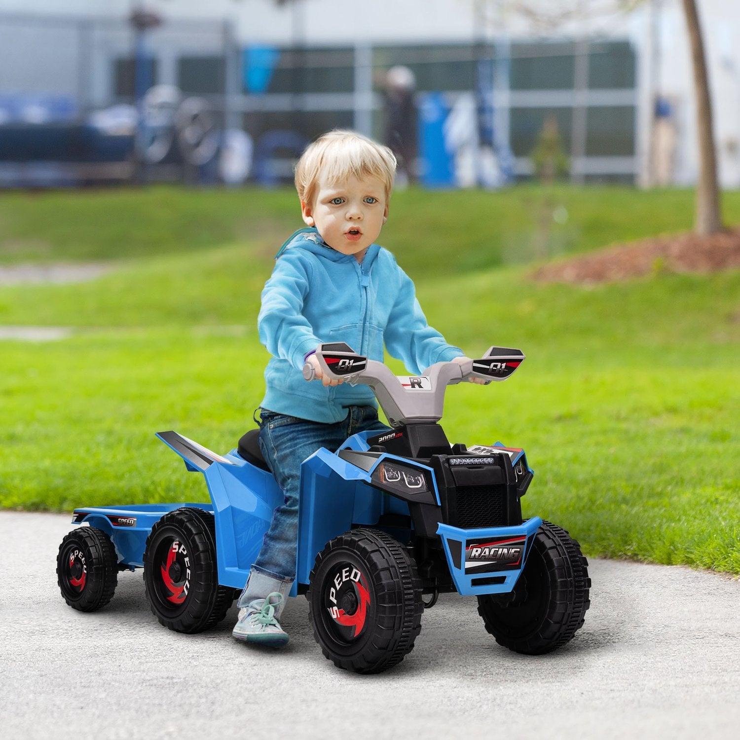 Barne-ATV Barne-ATV, 6V elbil med tilhenger, barnekjøretøy for barn 1,5-3 år, 2,5 km/t, metall, blå