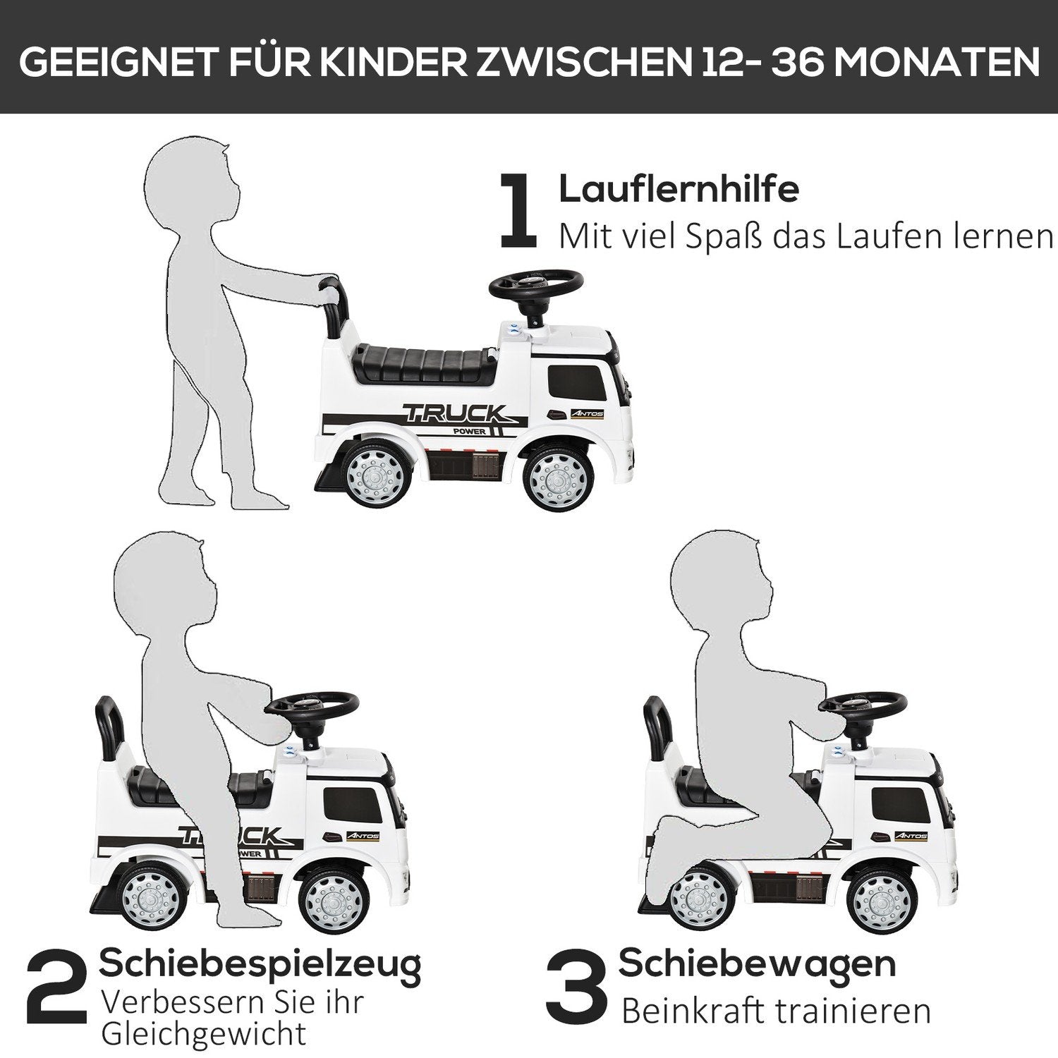 Kjøre-på barnebil Mercedes Antos lastebilstil, med lys, i 12-36 måneder, hvit+svart