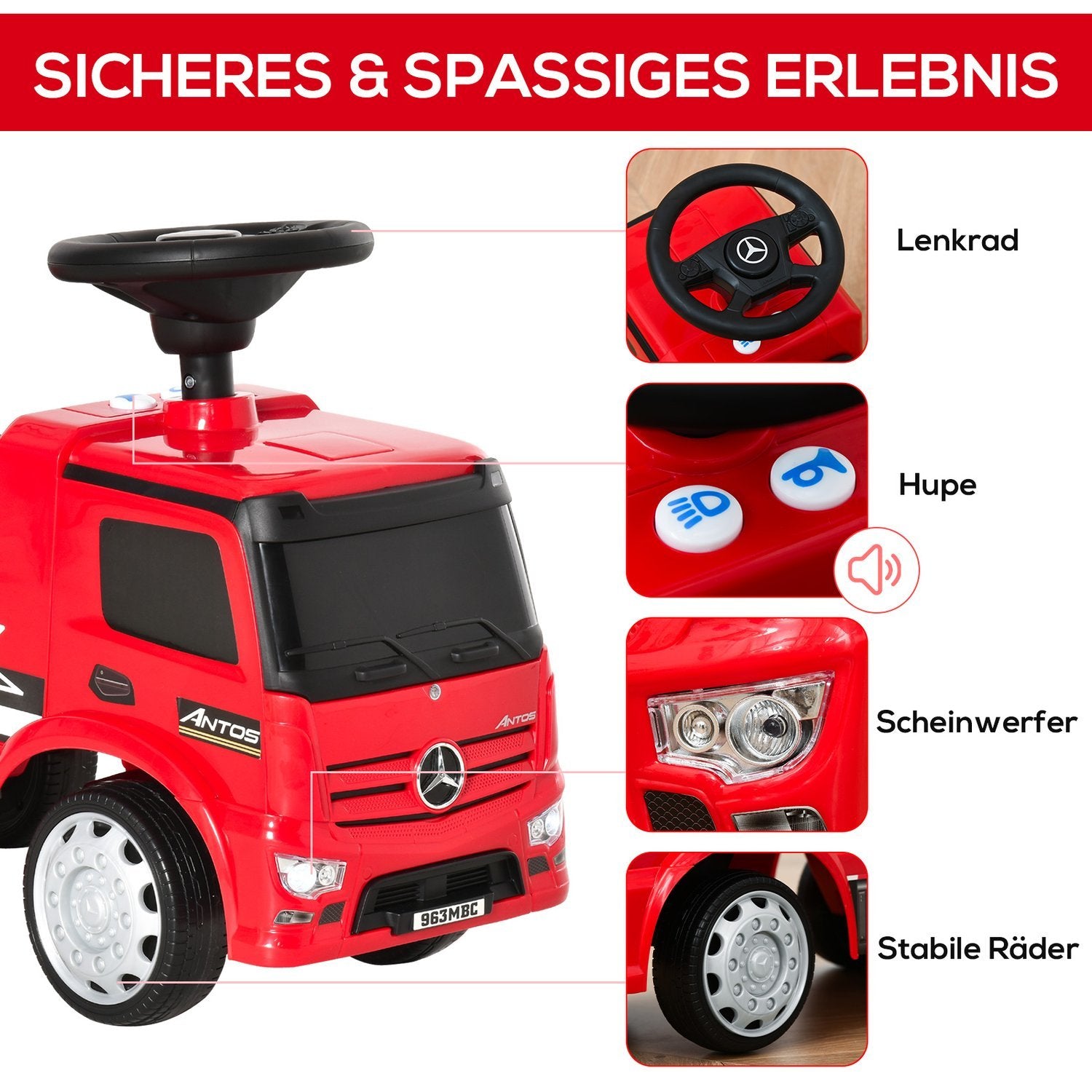 Barnekjøretøy Kjøretøy fra Mercedes Antos lastebilstil med lys for barn fra 12 til 36 måneder Rød + Svart 62,5X28,5X45Cm