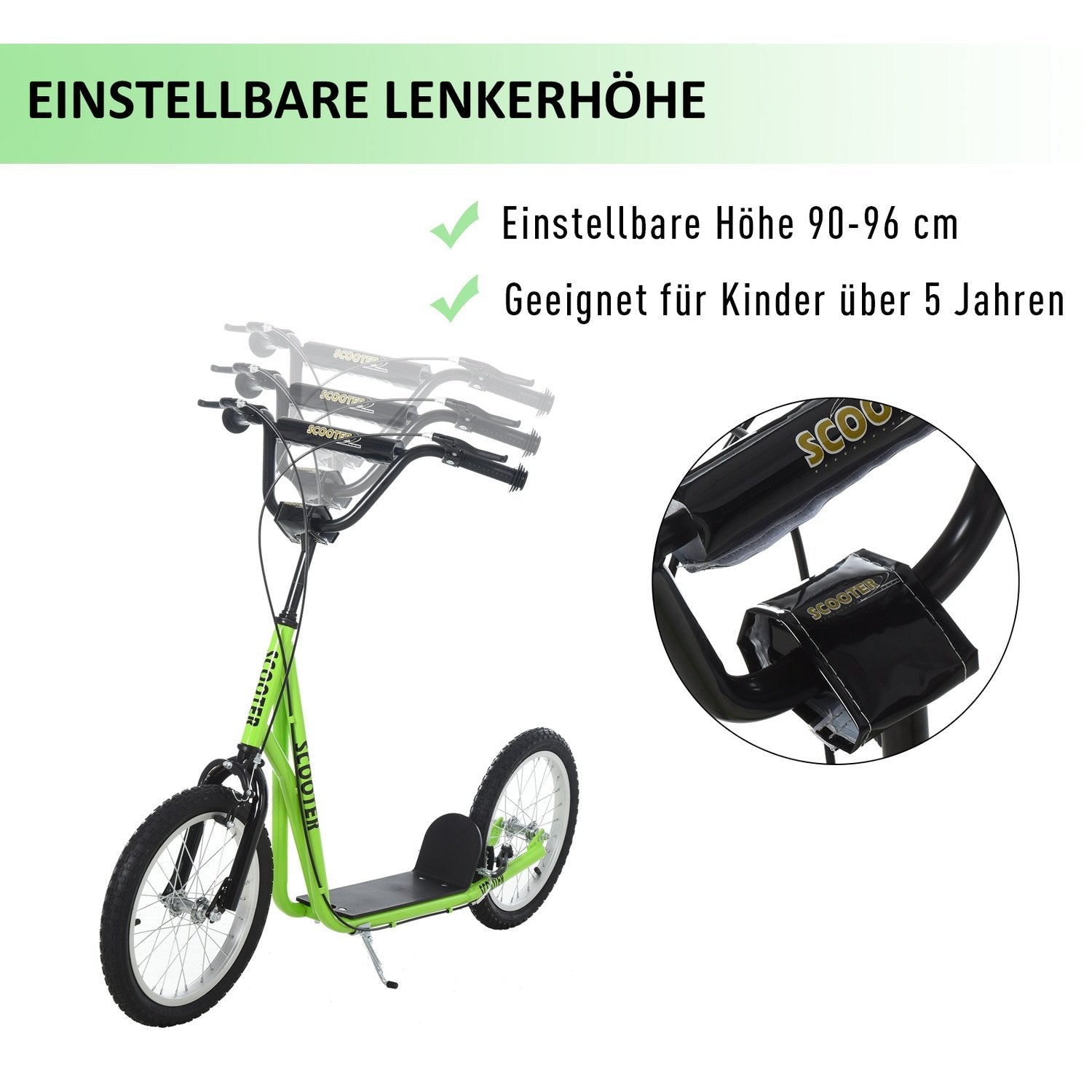 Barnescooter, Byscooter, Scooter, Kickboard for barn med luftdekk og håndbrems, scooter for barn fra 5 år, 16 tommer