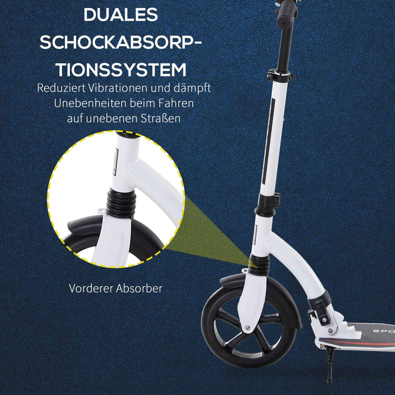 Barnescooter, scooter med støtdemping, scooter, sammenleggbar og hevet og senket, fra 14 år, aluminium, hvit, 92,5 x 37,5 x 87-101,5 cm