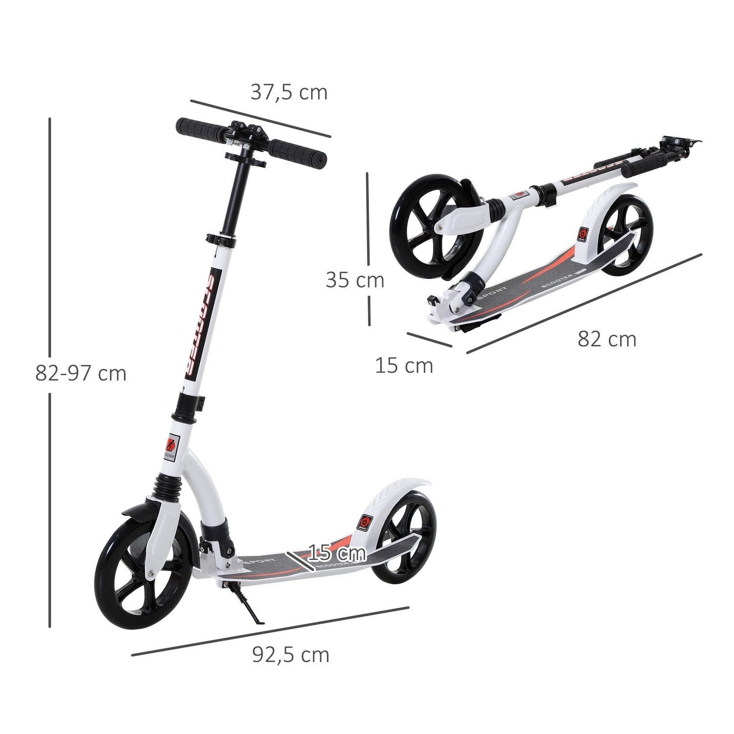 Barnescooter, scooter med støtdemping, scooter, sammenleggbar og hevet og senket, fra 14 år, aluminium, hvit, 92,5 x 37,5 x 87-101,5 cm