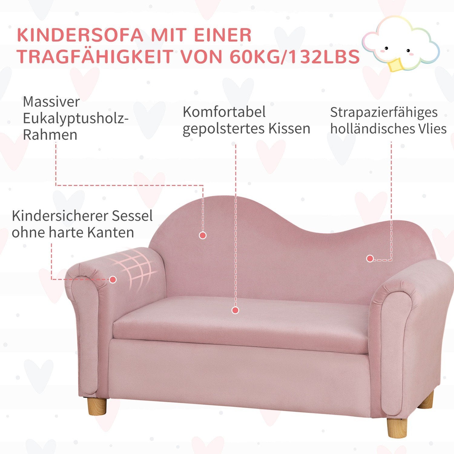 Barnesofa Oppbevaringsplass Rosa Fleece Toseter 3-5 år 84X41,5X48,5cm