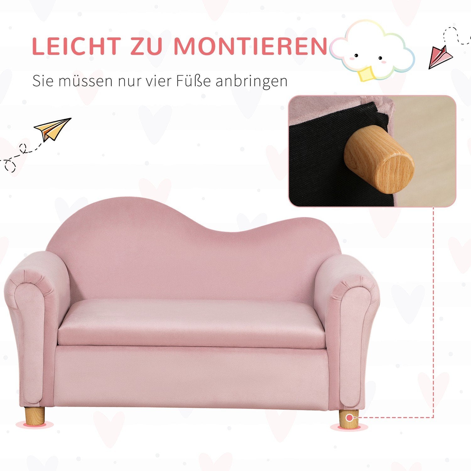 Barnesofa Oppbevaringsplass Rosa Fleece Toseter 3-5 år 84X41,5X48,5cm