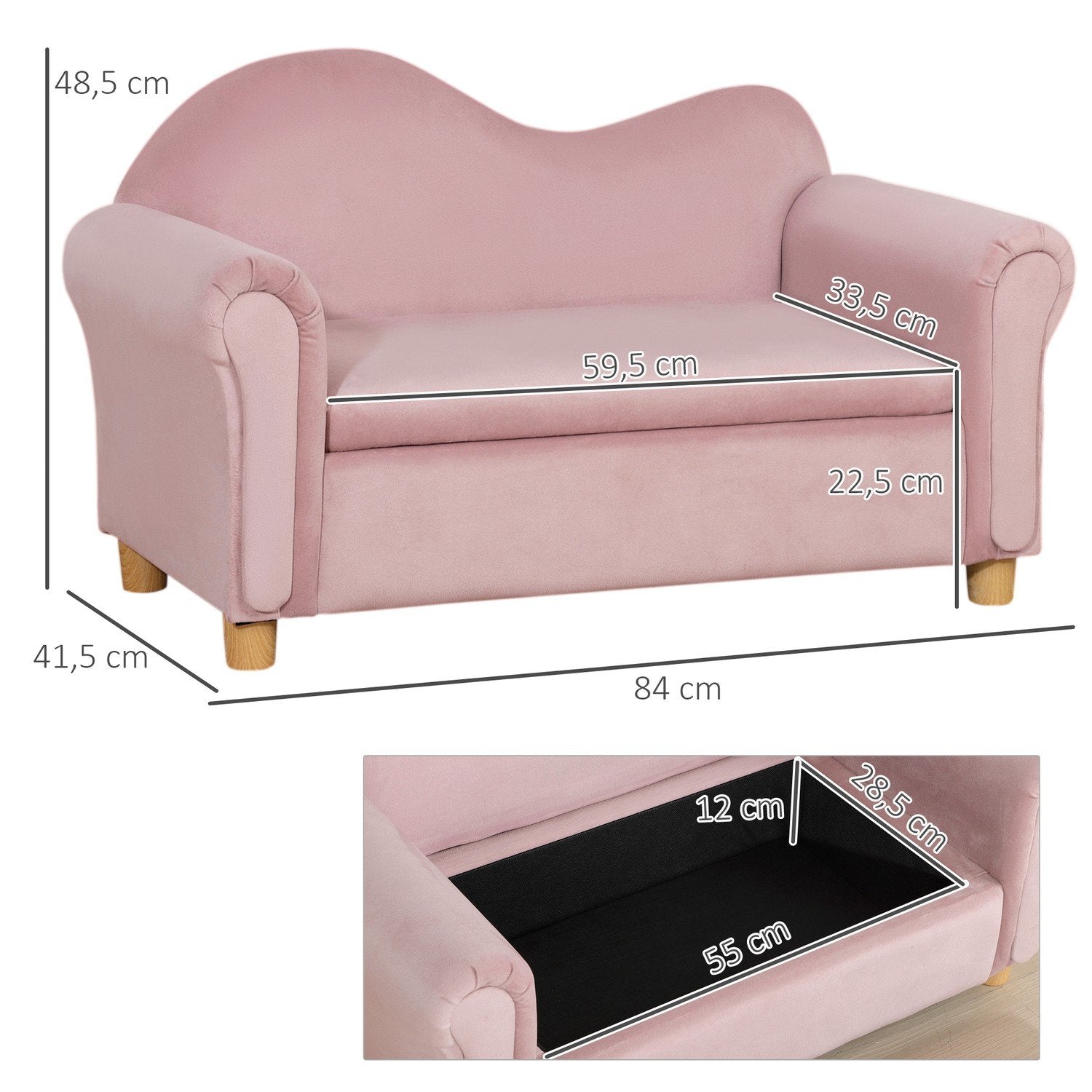 Barnesofa Oppbevaringsplass Rosa Fleece Toseter 3-5 år 84X41,5X48,5cm