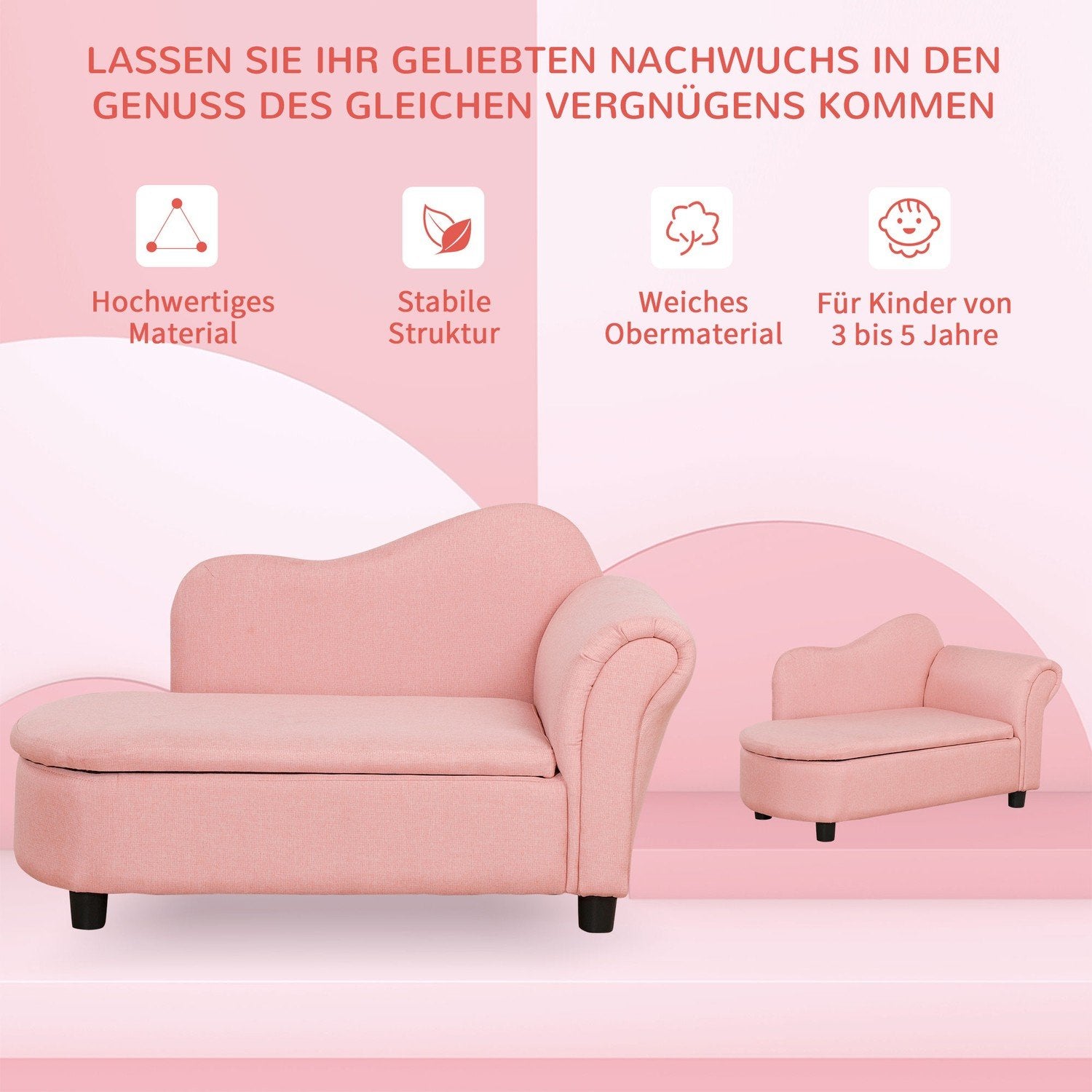 Barnesofa med oppbevaring i rosa sovesofa i linlook, heltre, 80X40X49Cm, for barn 3-5 år