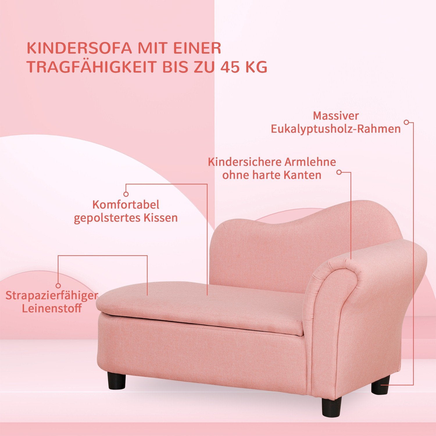 Barnesofa med oppbevaring i rosa sovesofa i linlook, heltre, 80X40X49Cm, for barn 3-5 år