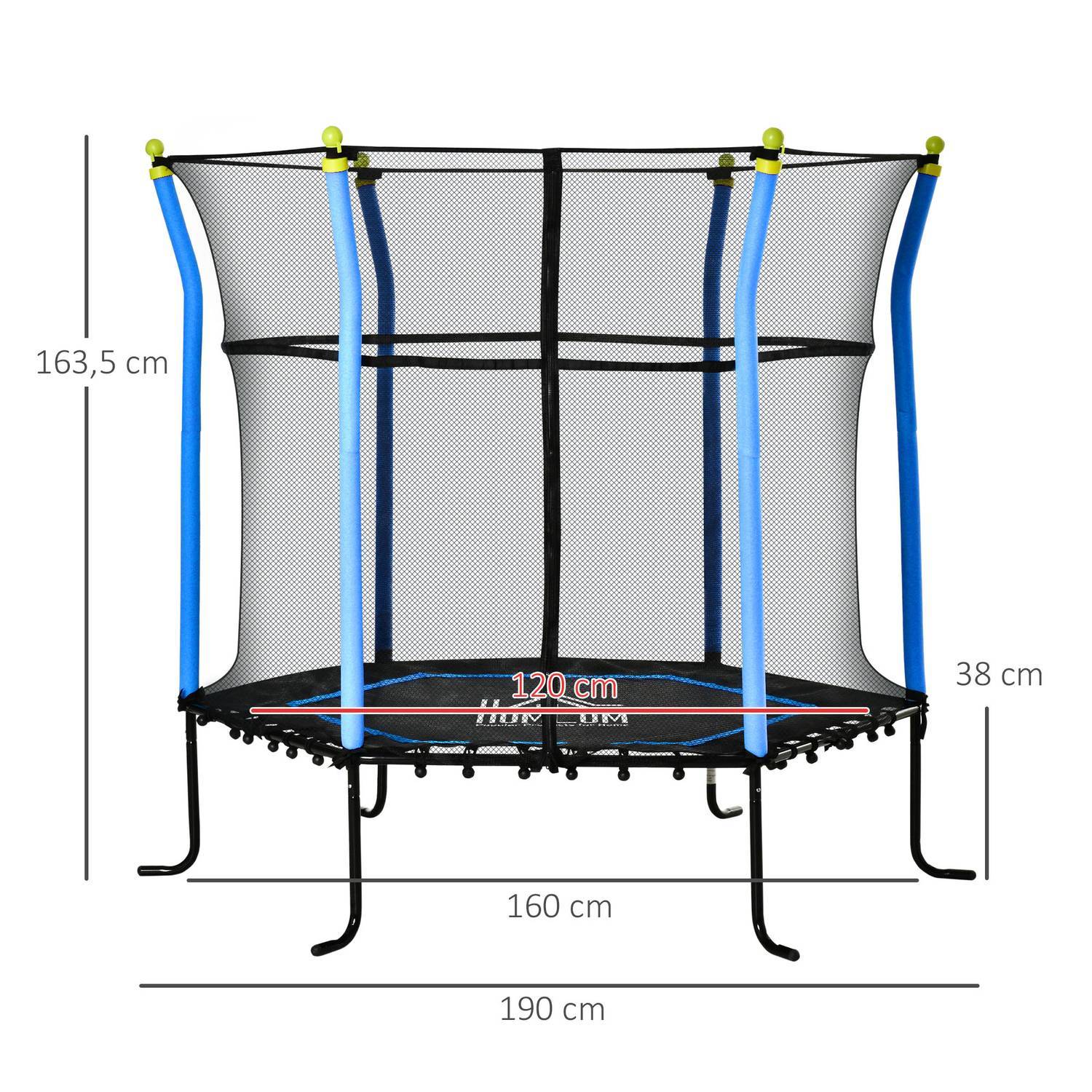 Barnetrampolin 5,3 fot hagetrampolin med sikkerhetsnett og kantbeskyttelse, gummitau, blått, 163,5H Cm, opptil 60 kg