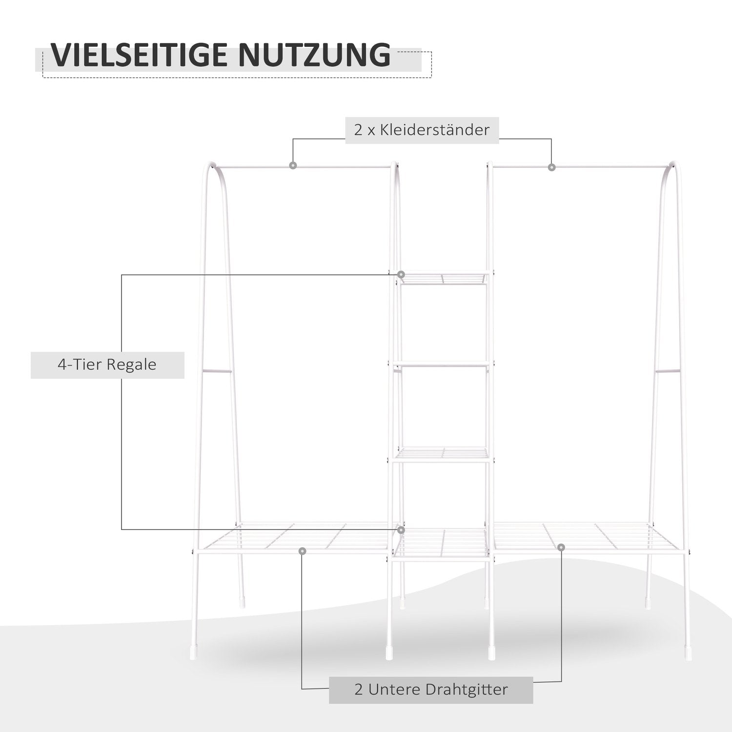 Klesstativ med skostativ, frittstående klesstang, kleshenger, stål, hvit, 176X47X177Cm