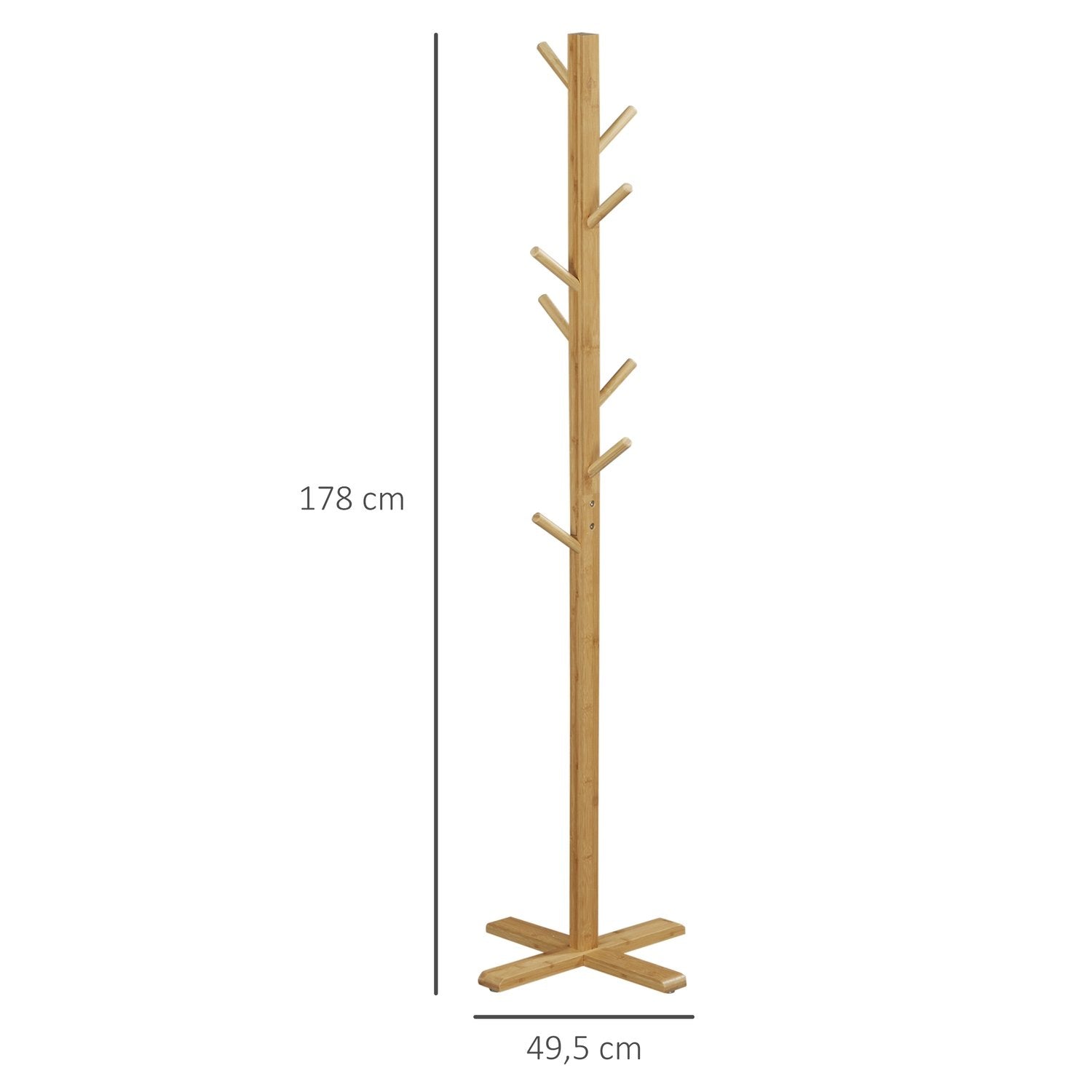 Bambus kleshenger med 8 kroker, kleshenger for hall, soverom, natur, 49,5X49,5X178Cm