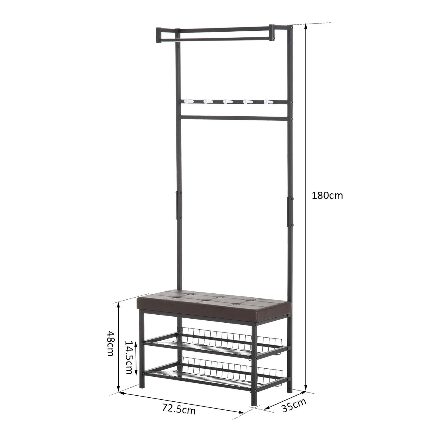 Kleshenger med benk, kleshenger og skohylle, metall, 2 skohyller, sete, 72,5X35X180Cm