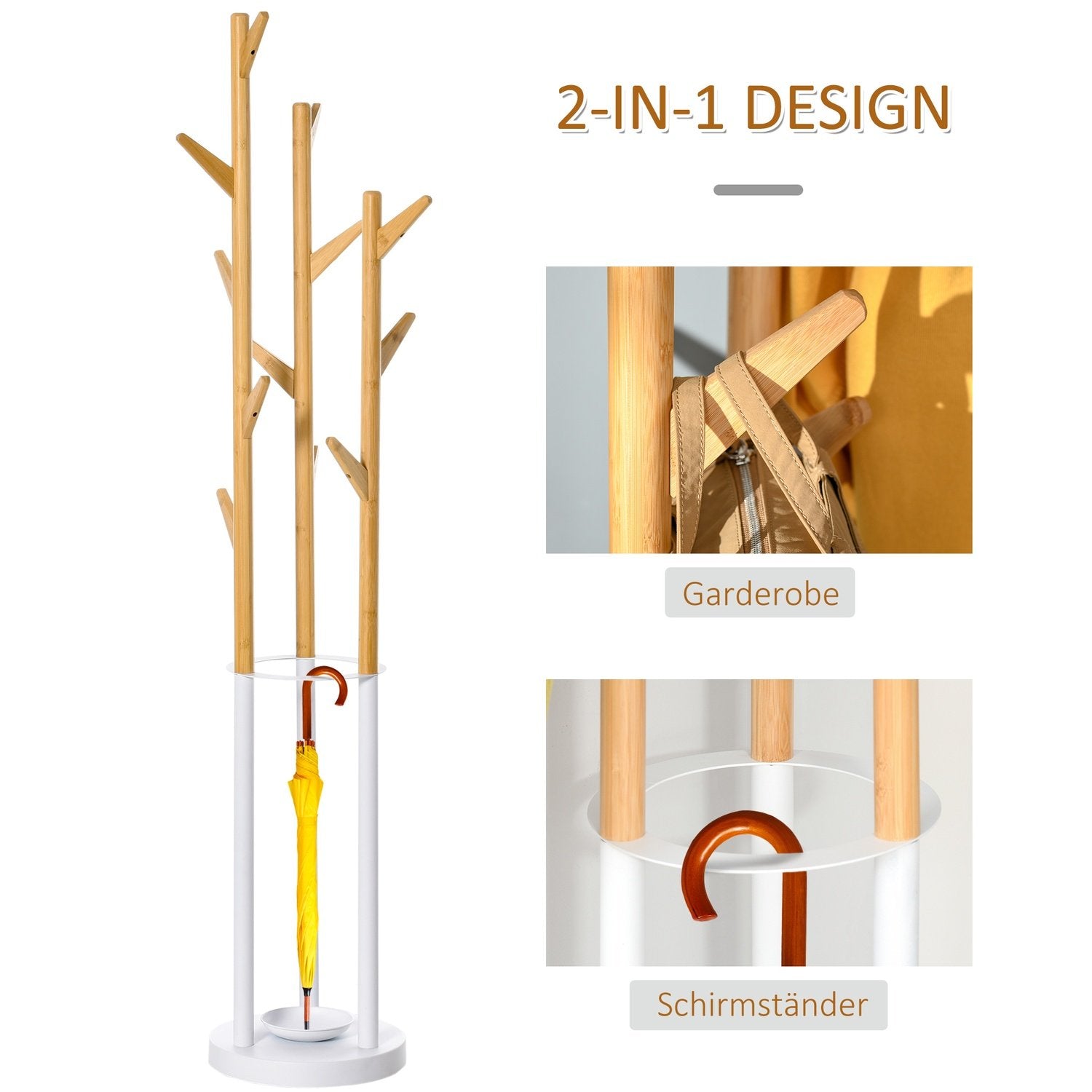 Klesstativ med 13 kroker, moderne paraplystativ, metallbambus, natur + hvit