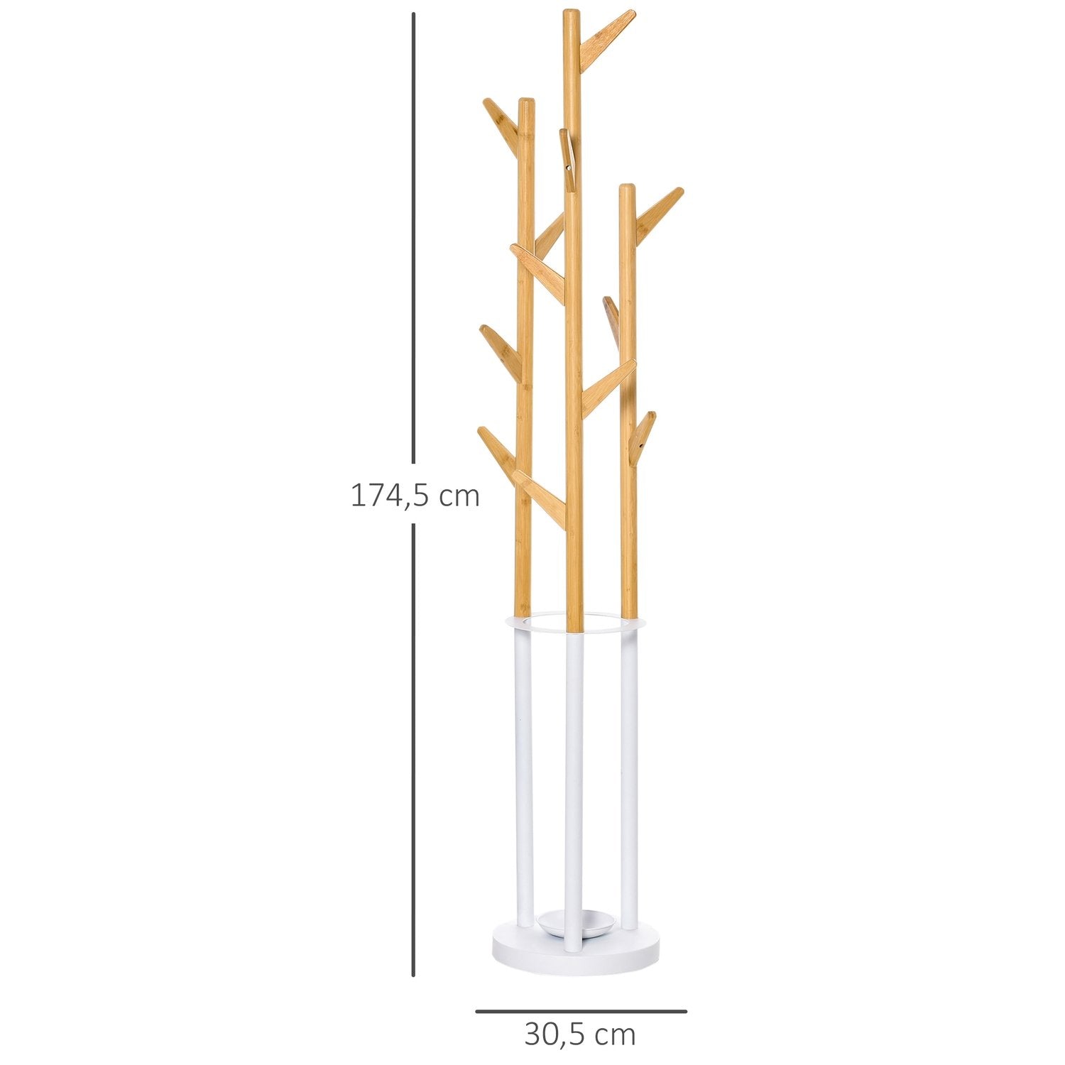 Klesstativ med 13 kroker, moderne paraplystativ, metallbambus, natur + hvit