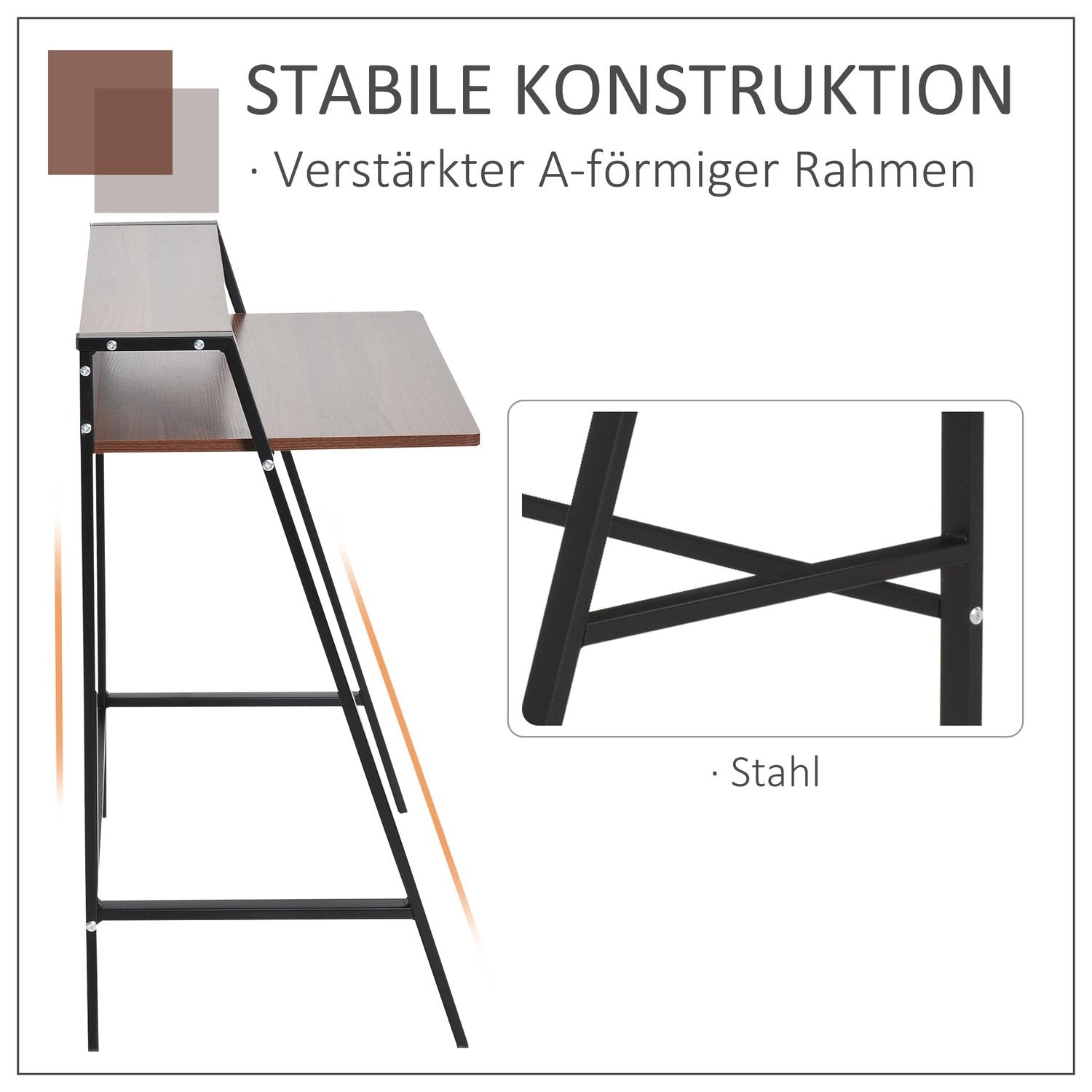 Stasjonær skrivebord med oppbevaringsrom og kabelgjennomføring, metall valnøtt, 84x45x85 cm, perfekt for hjemmekontor