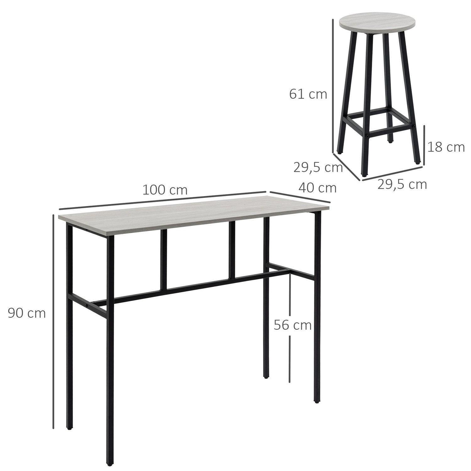 Spisegruppe 6-delt sittegruppe med 2 barbord og 4 stoler, industridesign, barkrakksett, sliver/stål, grå+svart