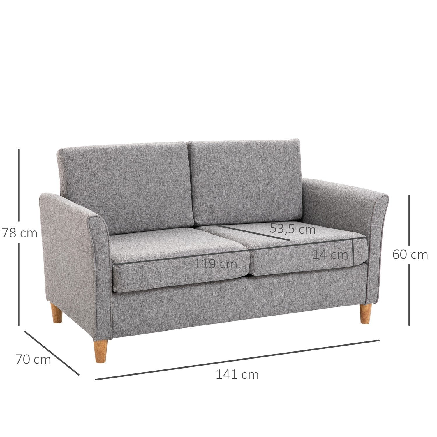 Dobbel sofa, komfortabel sofa, avtakbar med puter, lin, lys grå, 141X65X78cm