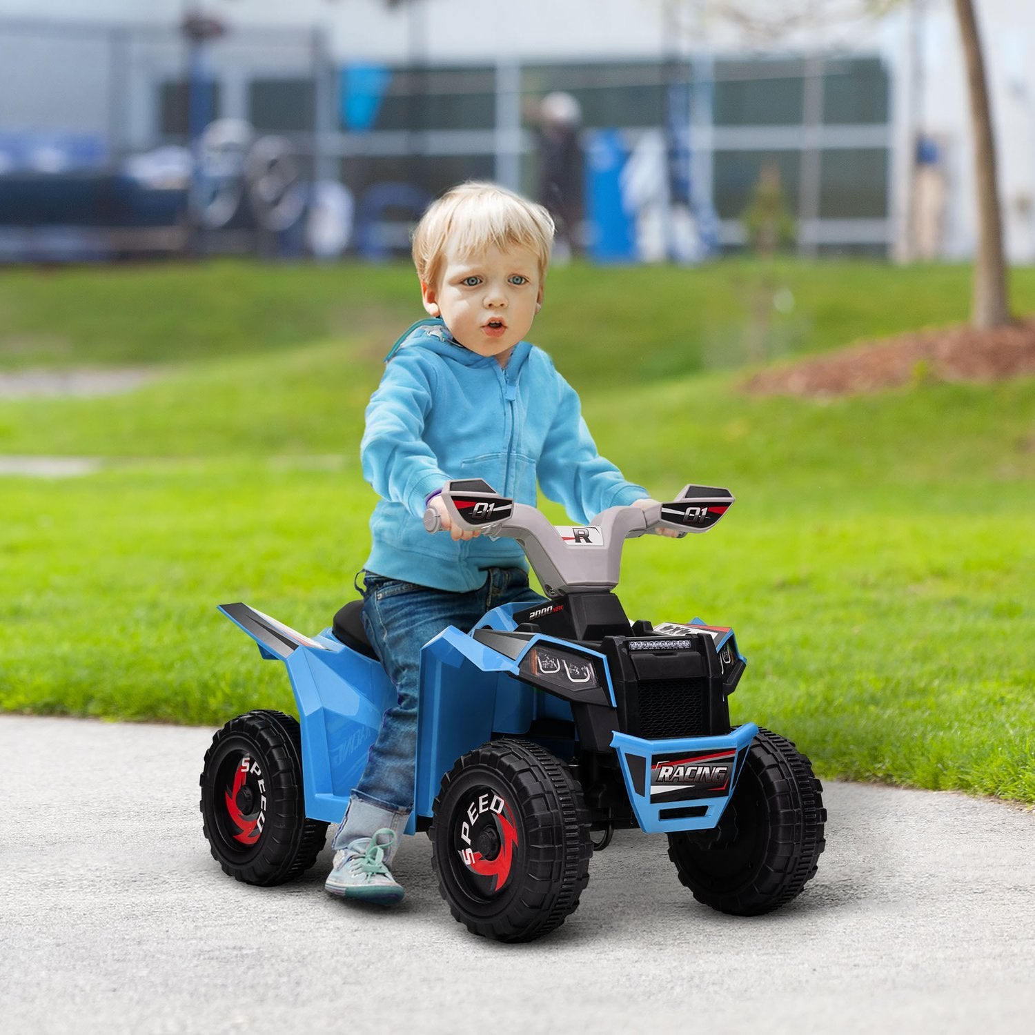 Elektrisk firehjuling for barn, minial firehjuling med forover- og reversfunksjoner, 6V elektrisk kjøretøy for barn 1,5-3 år, 2,5 km/t, blå