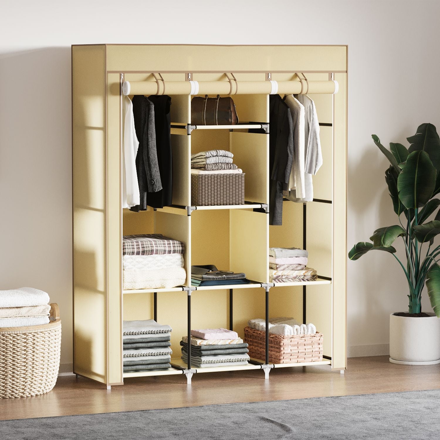 Stoffgarderobegarderobe med klesstang, 8 etasjer, sammenleggbar skap, fiberstoff, beige, 125X43X162,5 cm