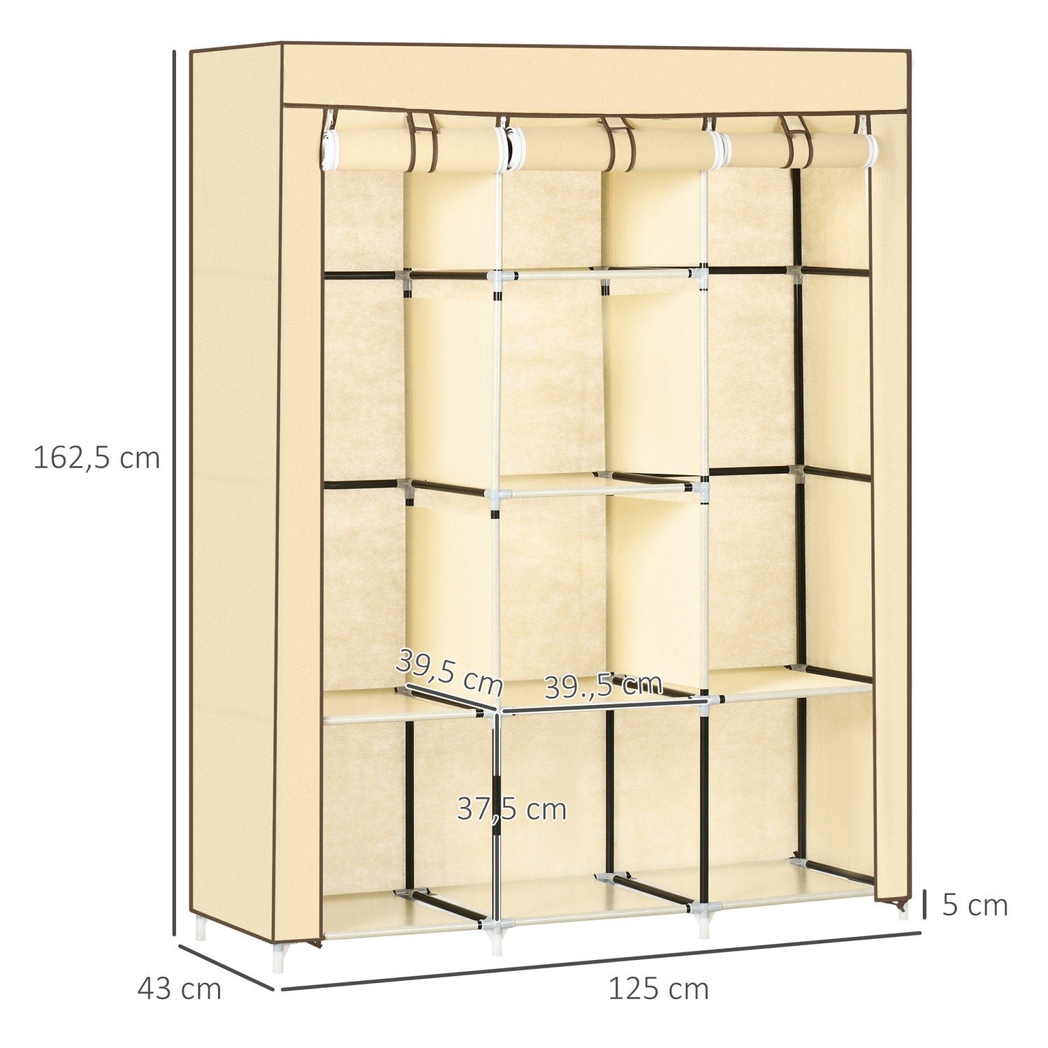 Stoffgarderobegarderobe med klesstang, 8 etasjer, sammenleggbar skap, fiberstoff, beige, 125X43X162,5 cm