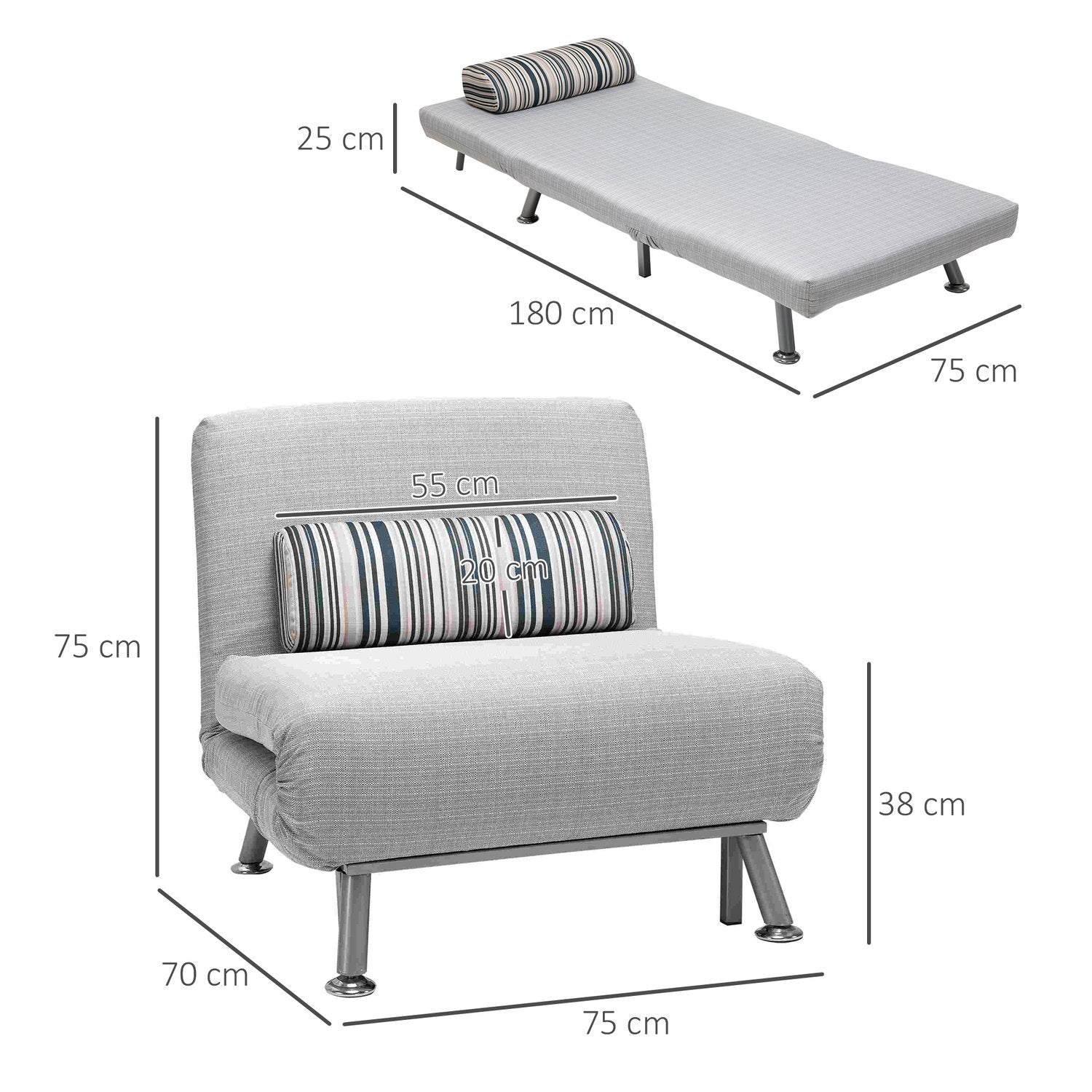 Sammenleggbar seng, sovesofa, sammenleggbar madrass, metall, grå, 75x70x75 cm