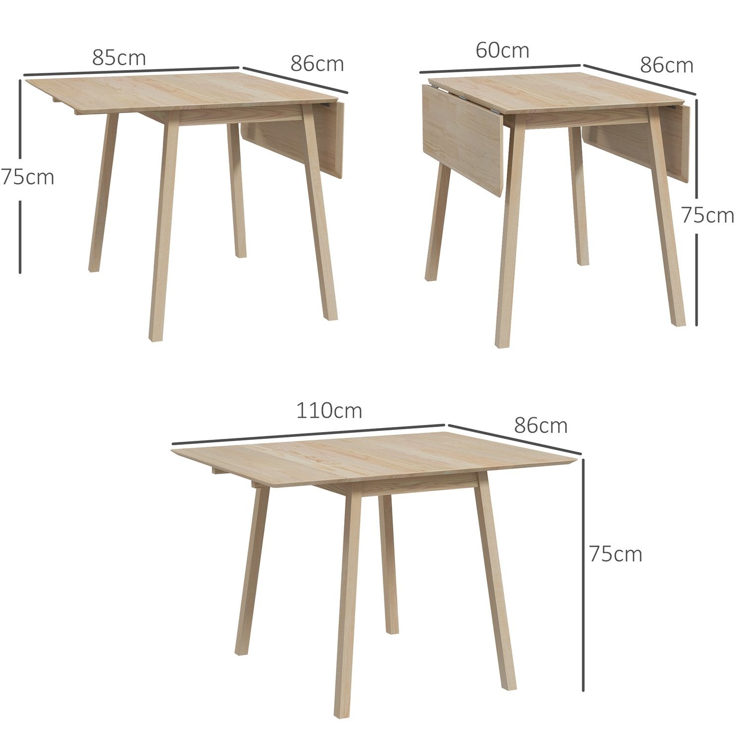 Sammenleggbart spisebord, kjøkkenbord for 2-4 personer, sammenleggbart bord, spisebord i tre, for små rom, 110 x 86 x 75 cm, naturlig