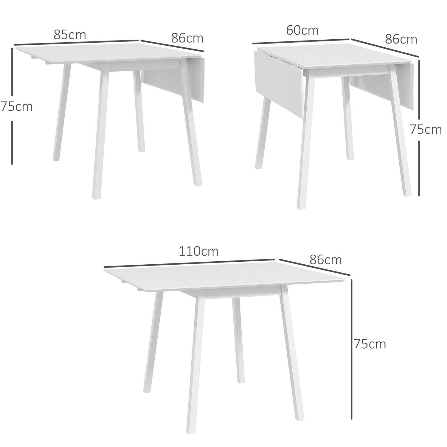 Hopfällbart Matbord, Köksbord För 2-4 Personer, Hopfällbart Bord, Matsalsbord Av Trä, För Små Rum, 110 X 86 X 75 Cm, Vit