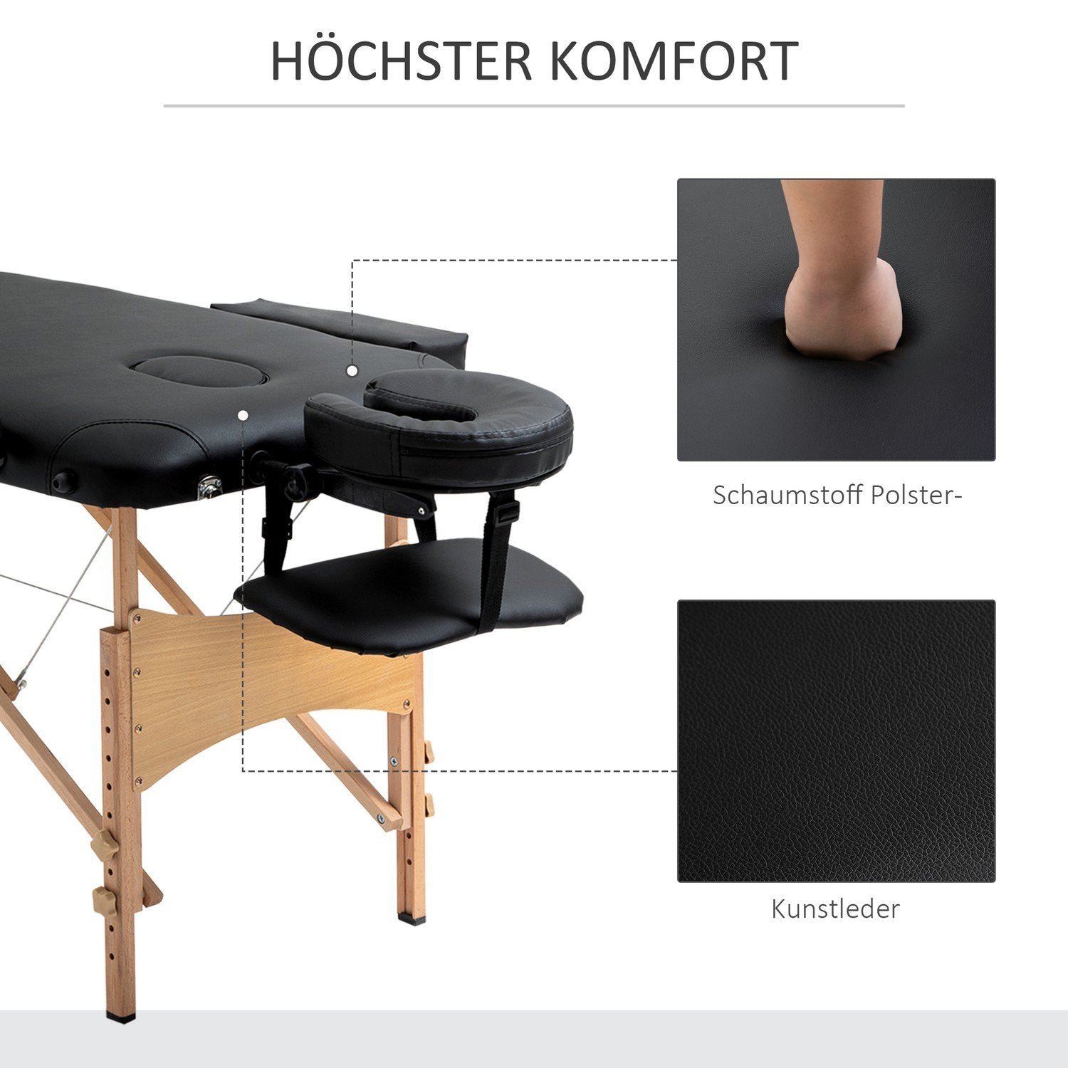 Hopfällbart Massagebänk, Portabelt Massagebänk Med Nackstöd, Justerbart I Höjdled, Konstläder Och Trä, Svart