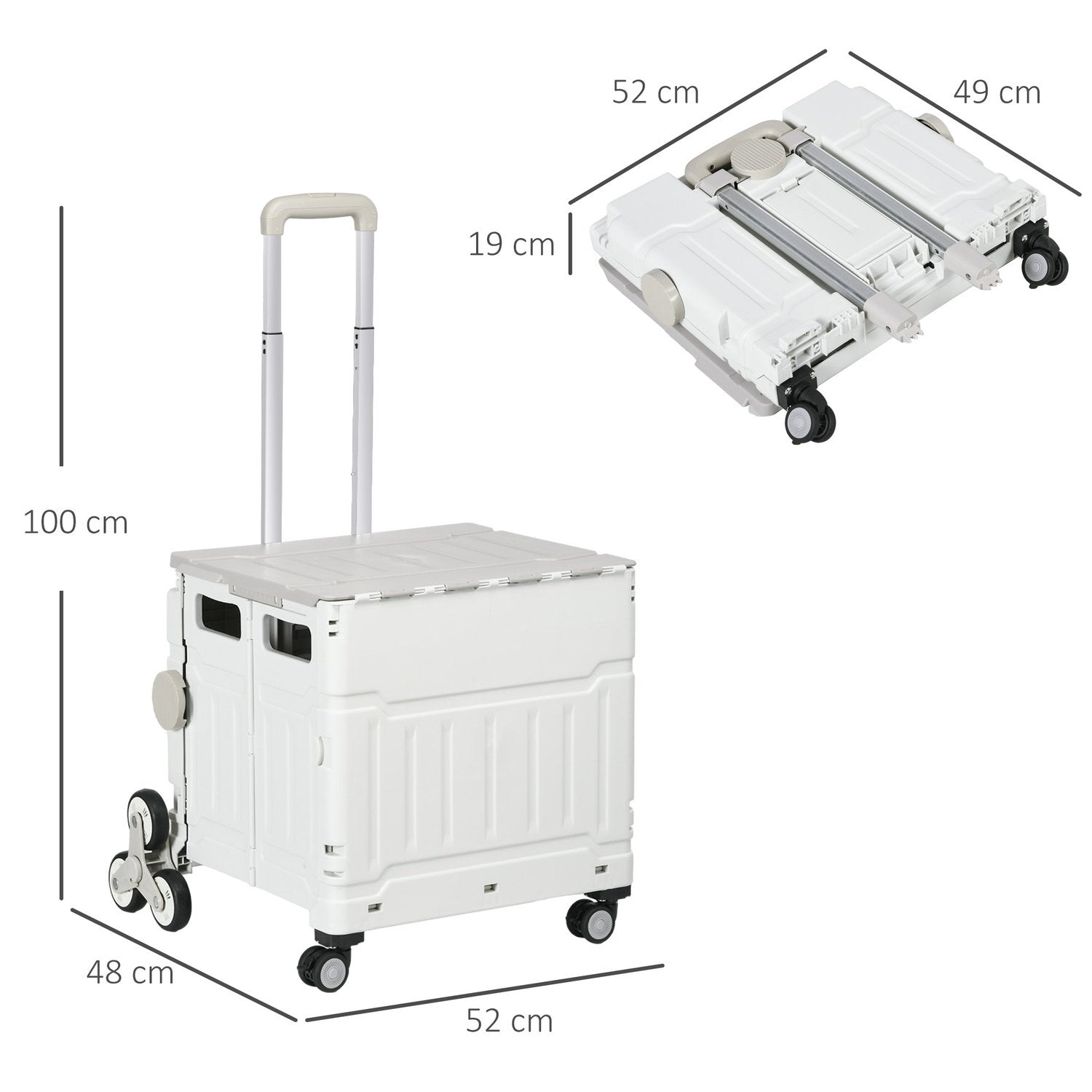 Hopfällbar Shoppingvagn, Justerbart Teleskophandtag, Trappklättrare Med Lock, Upp Till 80 Kg, Vit