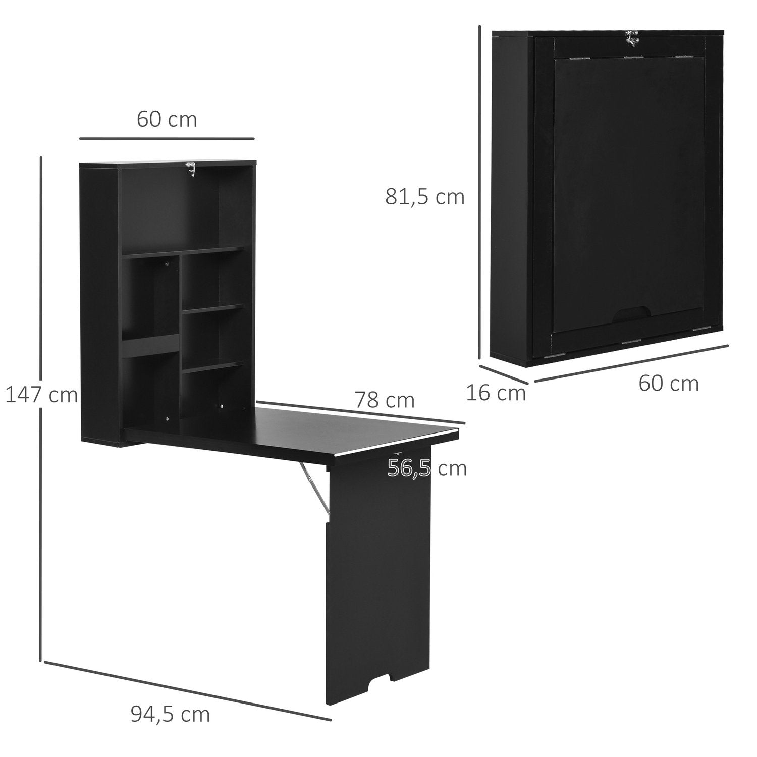 Sammenleggbart veggbord, sammenleggbart skrivebord, datamaskinbord med tavle, 60 x 94,5 x 147 cm