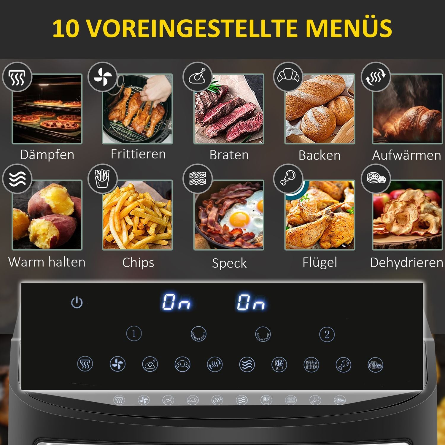 Hot Air Fryer 8L Dobbelkammer Frityrkoker, Air Fryer med 10 programmer, 2400 W Air Fryer med berøringsskjerm, Oppskrift, Uten olje, Svart