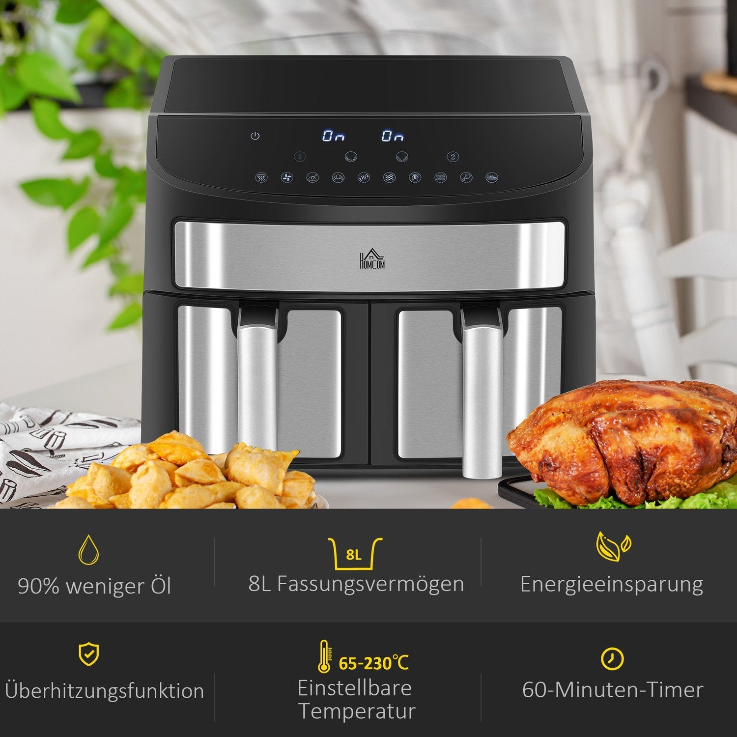 Hot Air Fryer 8L Dobbelkammer Frityrkoker, Air Fryer med 10 programmer, 2400 W Air Fryer med berøringsskjerm, Oppskrift, Uten olje, Svart