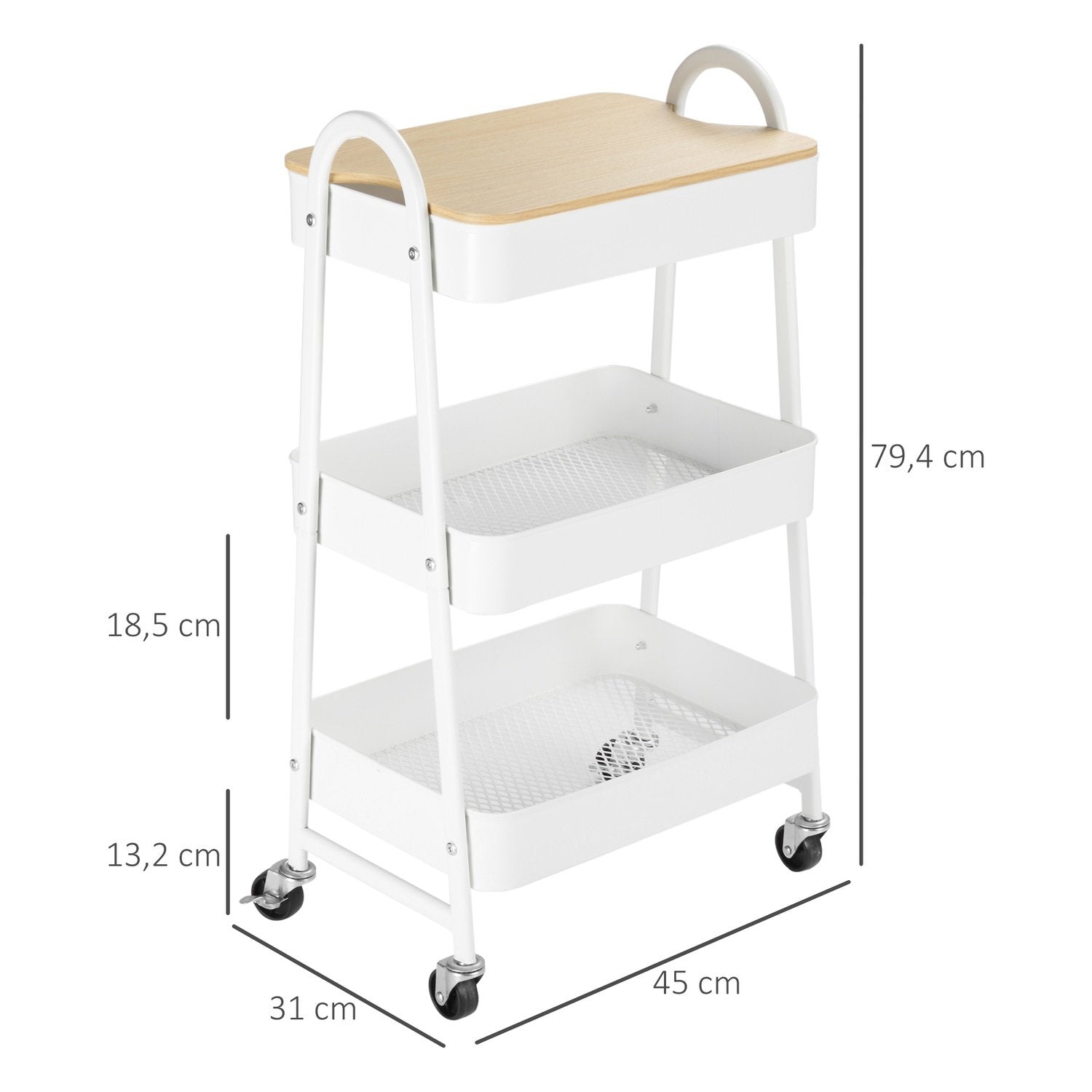 Kjøkkenvogn 3-lags metallvogn med stor oppbevaringsplass og lokk, for kjøkken og kontor, stål, hvit, 45X31X79,4 cm