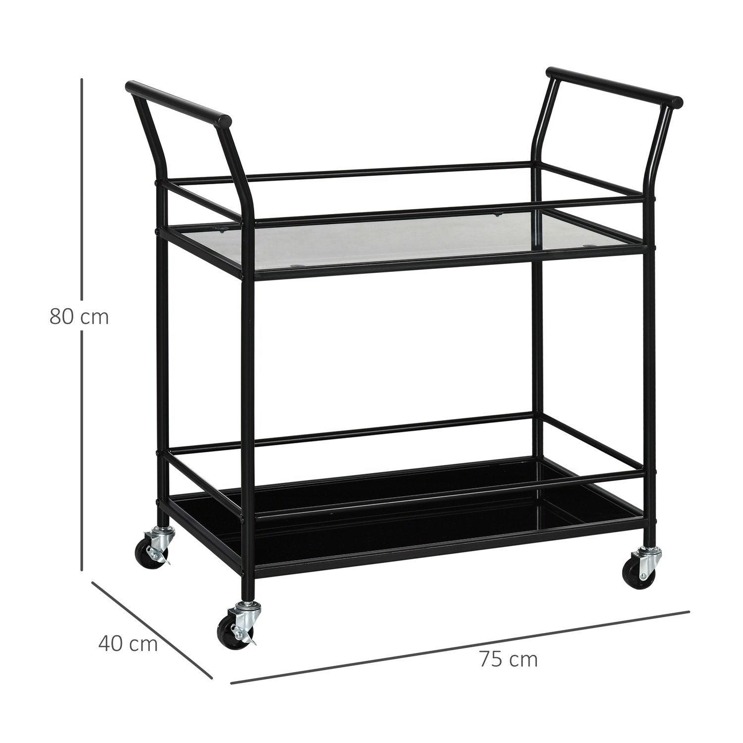 Kjøkkenvogn, rullevogn, serveringsvogn med 2 hyller, vogn, sidevogn på hjul, metalloppbevaringsvogn, svart, 75 x 40 x 80 cm