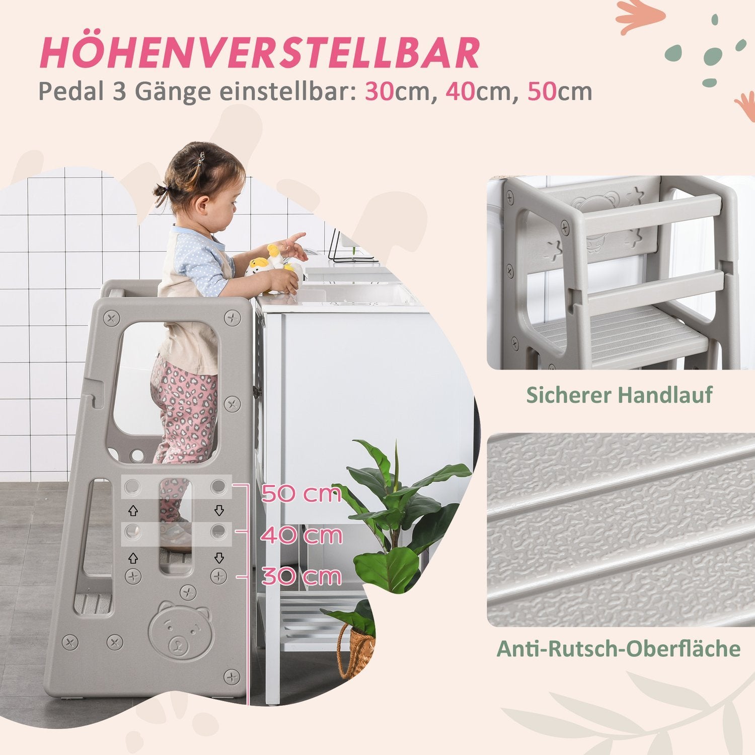 Lärtorn Stegpall För Barn, Montessori Lärtorn Med Handtag, Höjdjusterbar Pall, Kökshjälp För Barn 1,5 Till 5 År