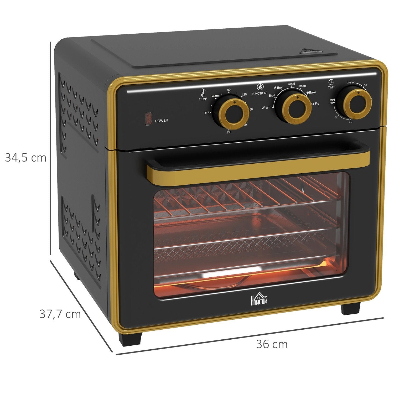 Miniovn 20L, Pizzaovn med varmluftsfunksjon, varmluftsovn med stekebrett, grillstativ, 90-230 ℃, 1400 W elektrisk miniovn med 1 times timer