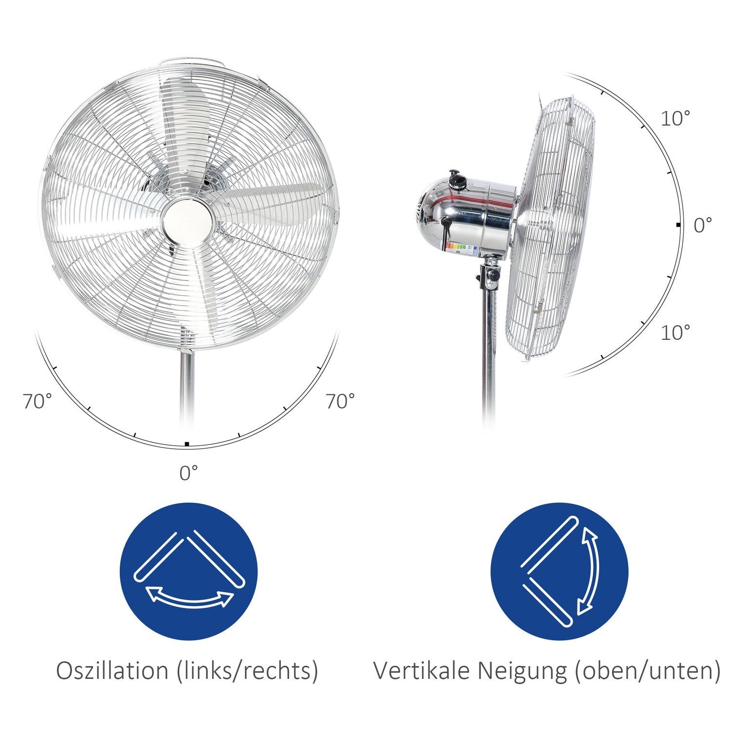 Piedestalfläkt 120Cm, Höjdjusterbar, 3 Hastighetsnivåer, Justerbar Lutningsvinkel, Stål, Silver