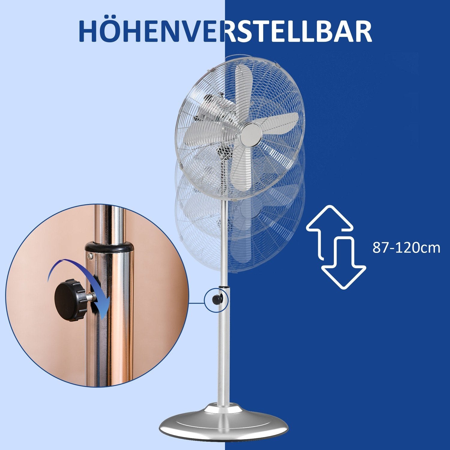 Piedestalfläkt 120Cm, Höjdjusterbar, 3 Hastighetsnivåer, Justerbar Lutningsvinkel, Stål, Silver