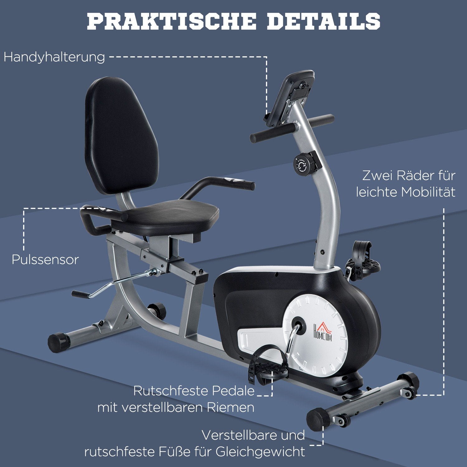 Liggende ergometer treningssykkel sykkeltrener med LCD-skjerm, 8-nivå justerbar magnetisk motstand, opptil 110 kg, stål og abs