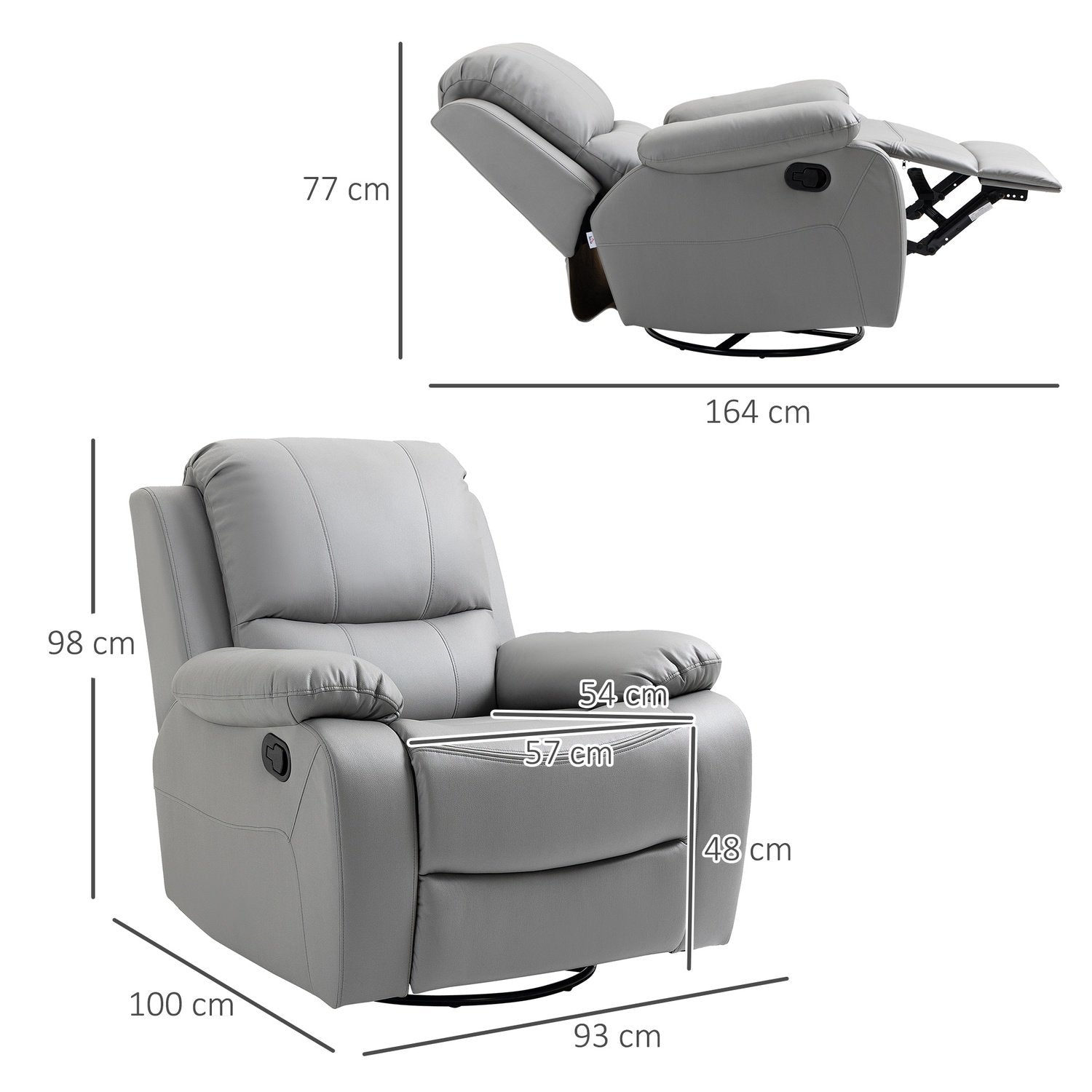 Relax Chair 135° vippbar, roterende TV-stol med fotstøtte, polyester, grå, opptil 150 kg, 72x71x60 cm